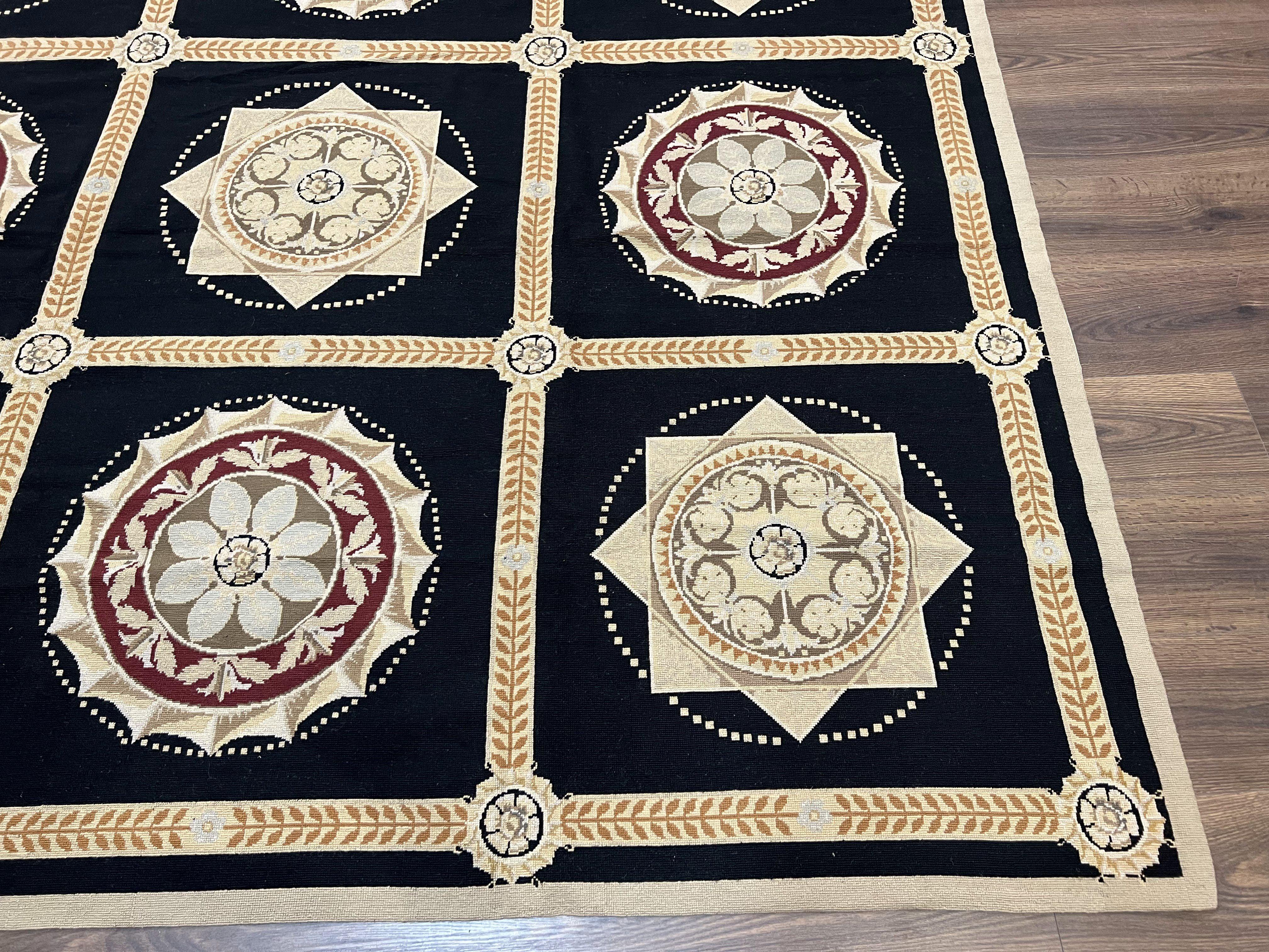 Large Needlepoint Rug 10x13, Panel Design, Black and Beige, Wool Needlepoint Carpet 10 x 13, English Garden, Handwoven Area Rug, Living Room