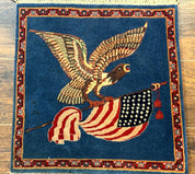 Pictorial Rug of American Flag with Bald Eagle, Small Indo Persian Pictorial Rug, Blue, Handmade, Very Fine 330 KPSI