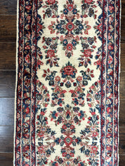 Persian Sarouk Runner Rug 2.4 x 21, Handmade Wool Floral Runner Rug for Hallway, 21ft Runner, Ivory