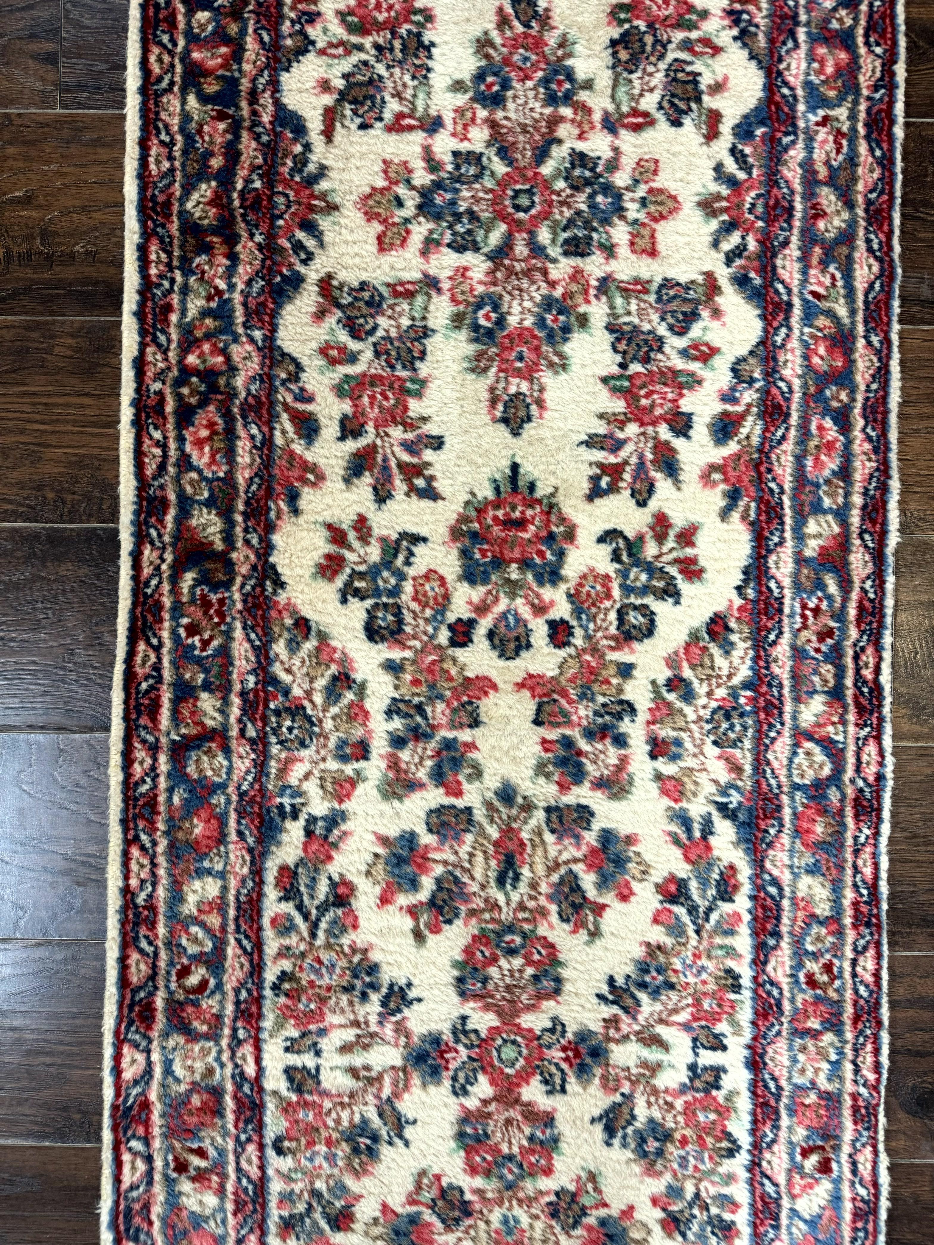 Persian Sarouk Runner Rug 2.4 x 21, Handmade Wool Floral Runner Rug for Hallway, 21ft Runner, Ivory