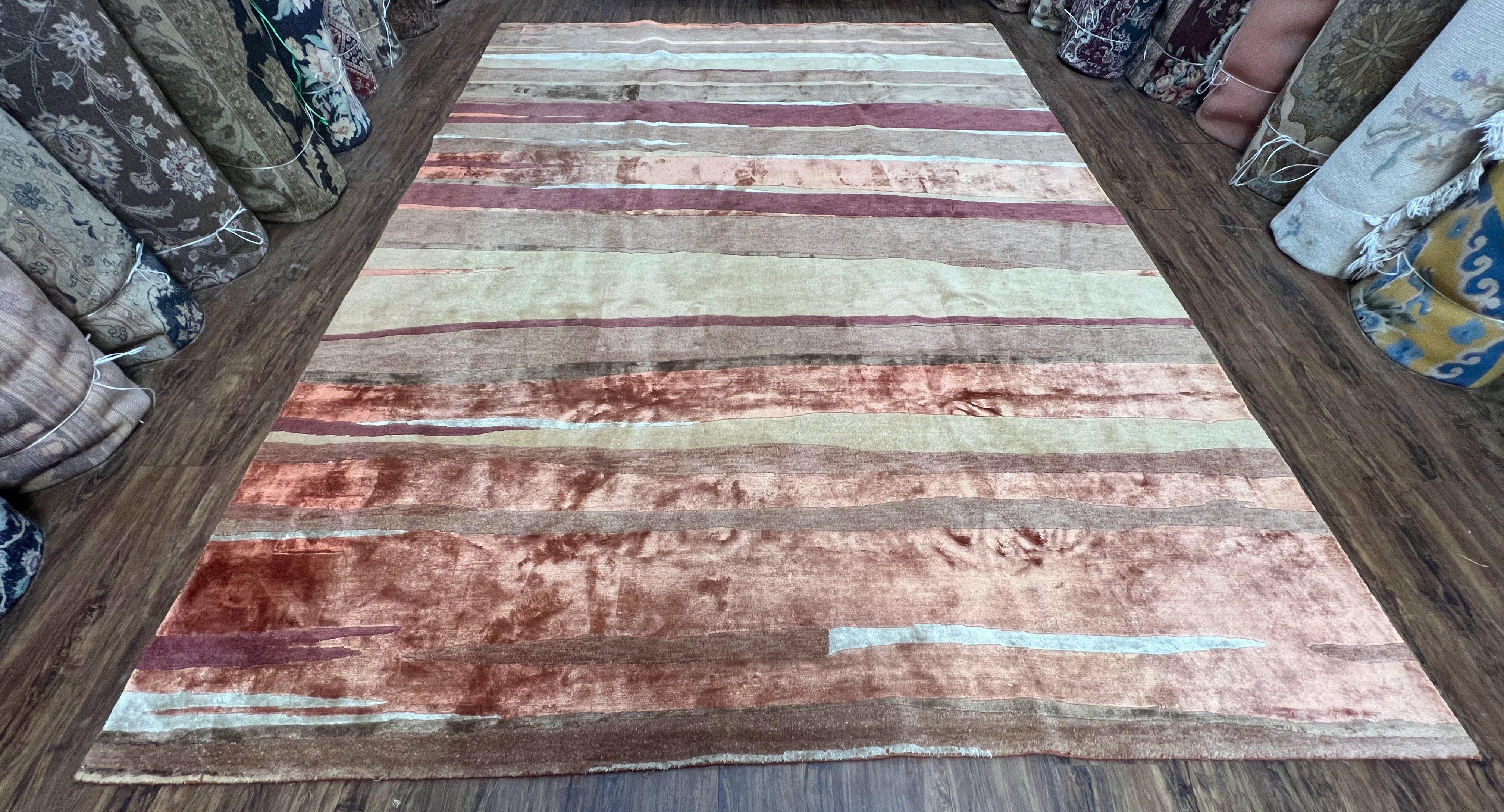 Modern Tibetan Rug 8x11 Nepali Carpet, Shiny Velvely Soft Wool and Silk, Contemporary Hand Knotted Rug, Striped Design, Wool Area Rug 8 x 11