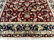 Indo Persian Rug 8x10, Floral Allover with Bird Pictorials, Maroon and Navy Blue, Handmade Wool Area Rug
