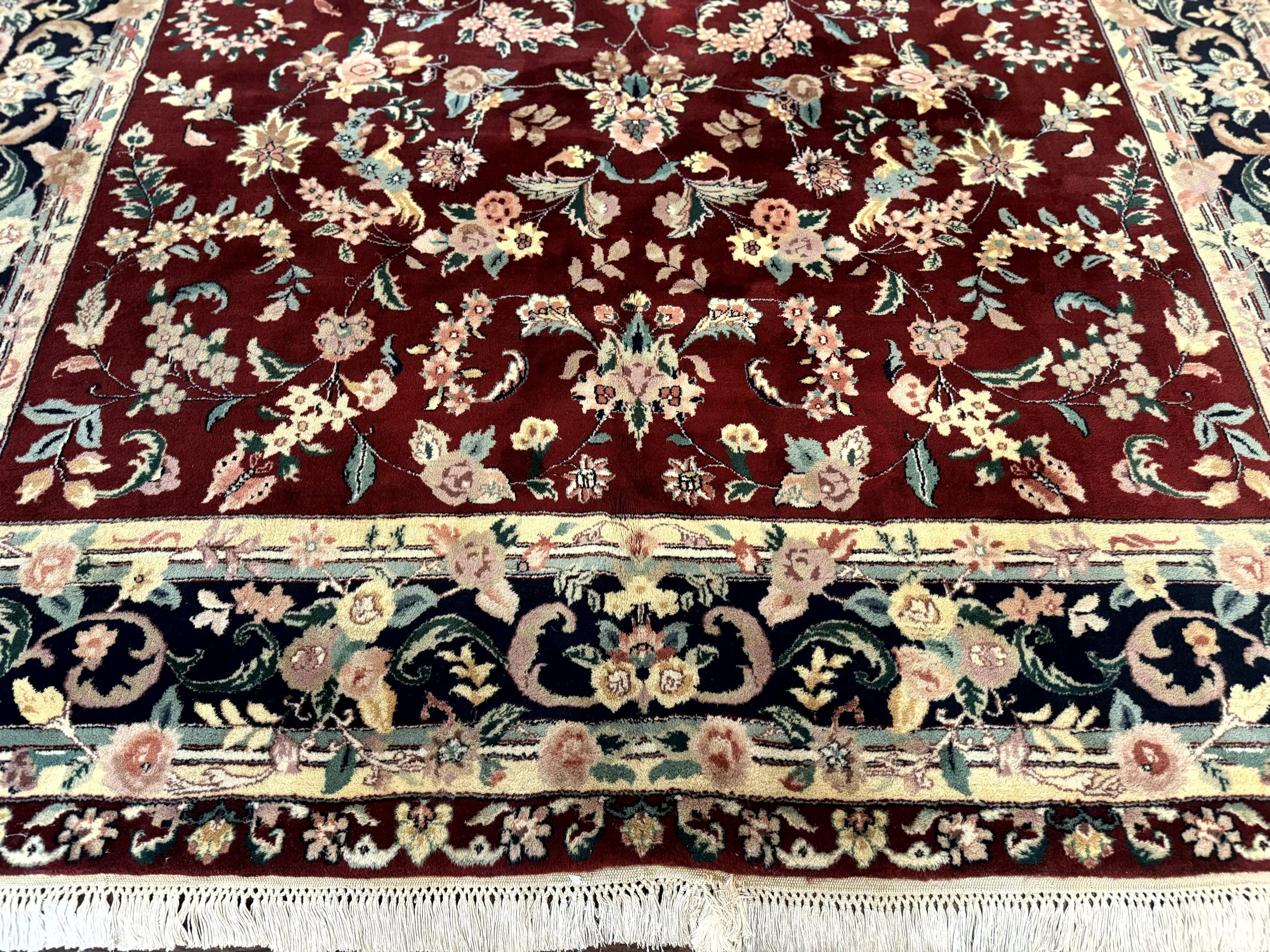 Indo Persian Rug 8x10, Floral Allover with Bird Pictorials, Maroon and Navy Blue, Handmade Wool Area Rug