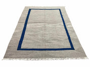 Geometric Turkish Kilim Rug 5' 7" x 7' 9", Flatweave Carpet, Minimal Design, Anatolian Carpet, Gray, Geometric, Dark Blue, Hand-Knotted, New
