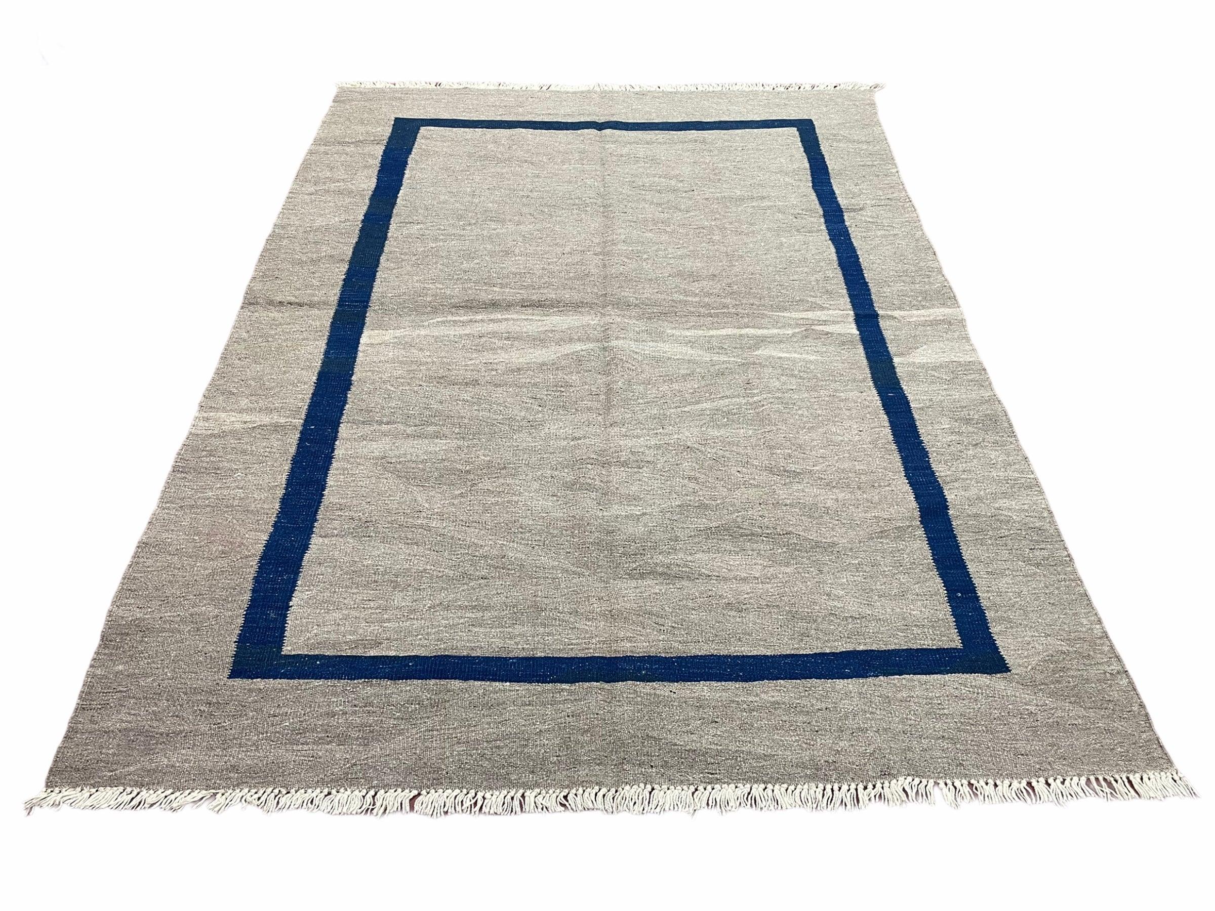 Geometric Turkish Kilim Rug 5' 7" x 7' 9", Flatweave Carpet, Minimal Design, Anatolian Carpet, Gray, Geometric, Dark Blue, Hand-Knotted, New