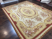 Aubusson Rug 9x12, Elegant Flatweave Savonnerie Carpet 9 x 12 ft, Ivory Light Yellow Red, Handmade Wool Flatweave French European Rug