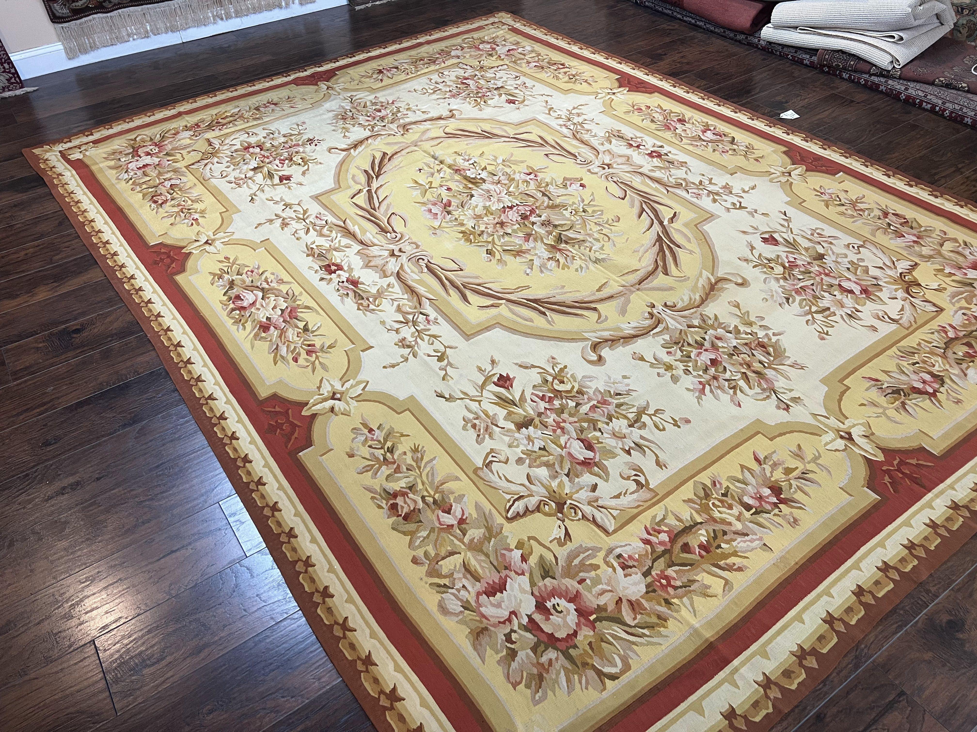 Aubusson Rug 9x12, Elegant Flatweave Savonnerie Carpet 9 x 12 ft, Ivory Light Yellow Red, Handmade Wool Flatweave French European Rug