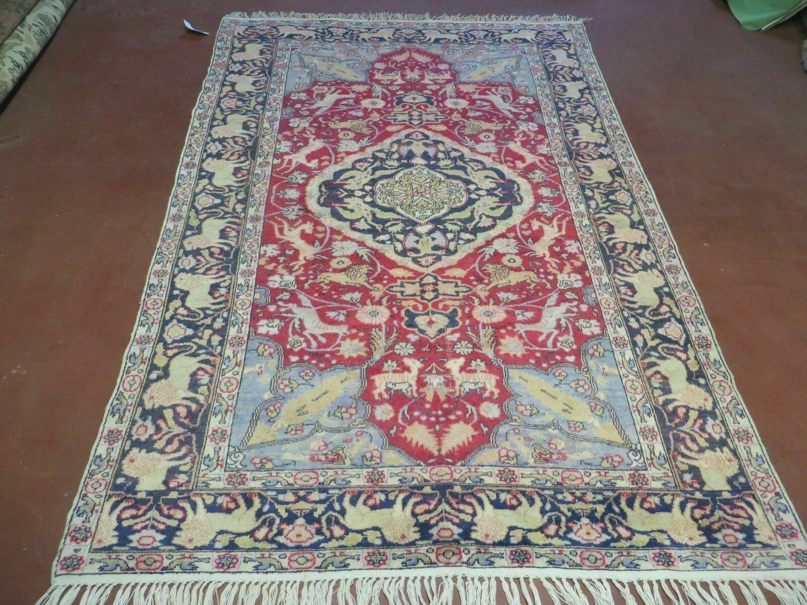 Antique Silk Turkish Kayseri Rug 4.5 x 6.7, Animal Pictorials Lions Deer Floral Medallion, Red Light Blue Navy, Hand Knotted Oriental Carpet