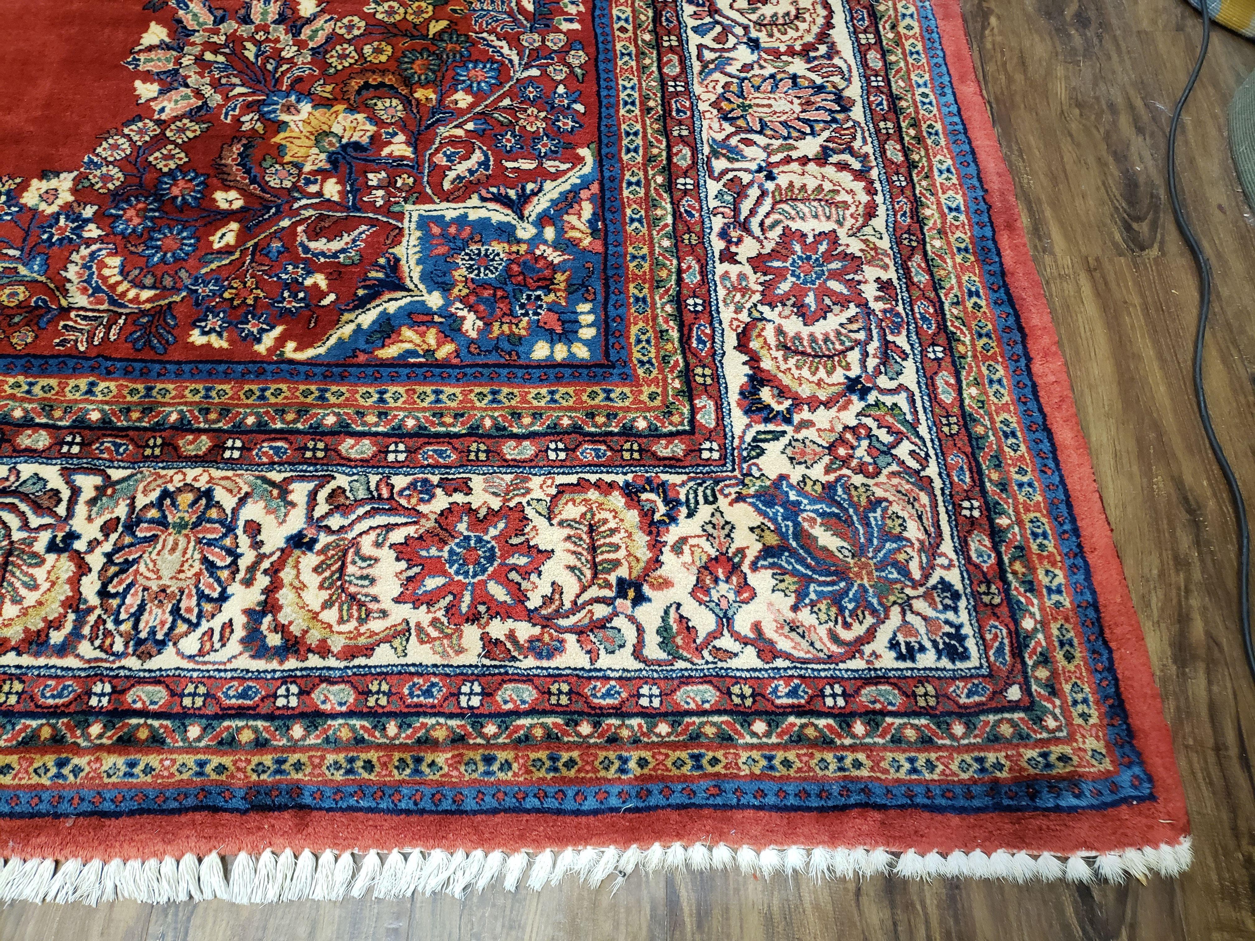 Semi Antique Persian Sarouk Rug 9x12,  Semi Open Field with Central Medallion, Hand Knotted Wool, Tomato Red, 9 x 12 Authentic Oriental Carpet
