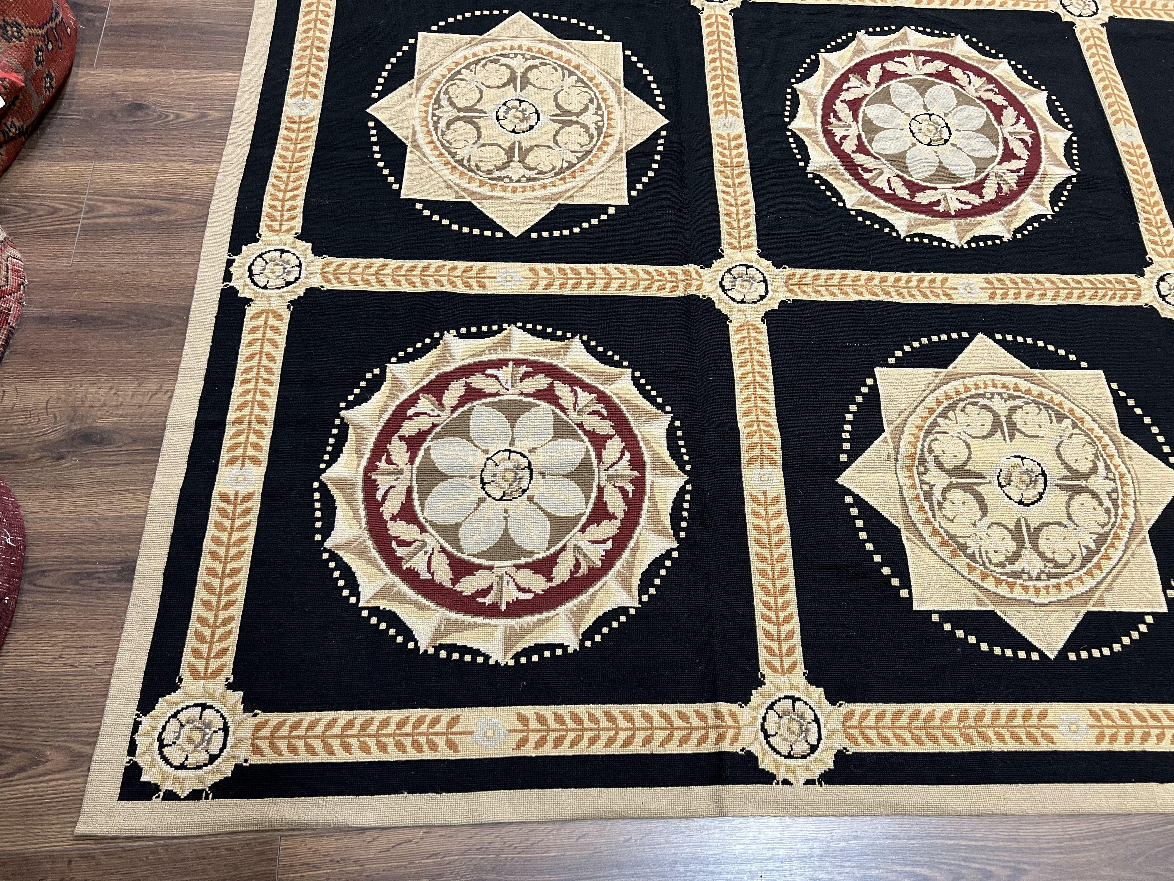 Large Needlepoint Rug 10x13, Panel Design, Black and Beige, Wool Needlepoint Carpet 10 x 13, English Garden, Handwoven Area Rug, Living Room