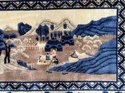 Antique Chinese Pictorial Rug 2.7 x 5, Chinese Village and Hills Carpet, Beige and Dark Blue, Handmade, Horizontal Rug Wall Hanging Tapestry