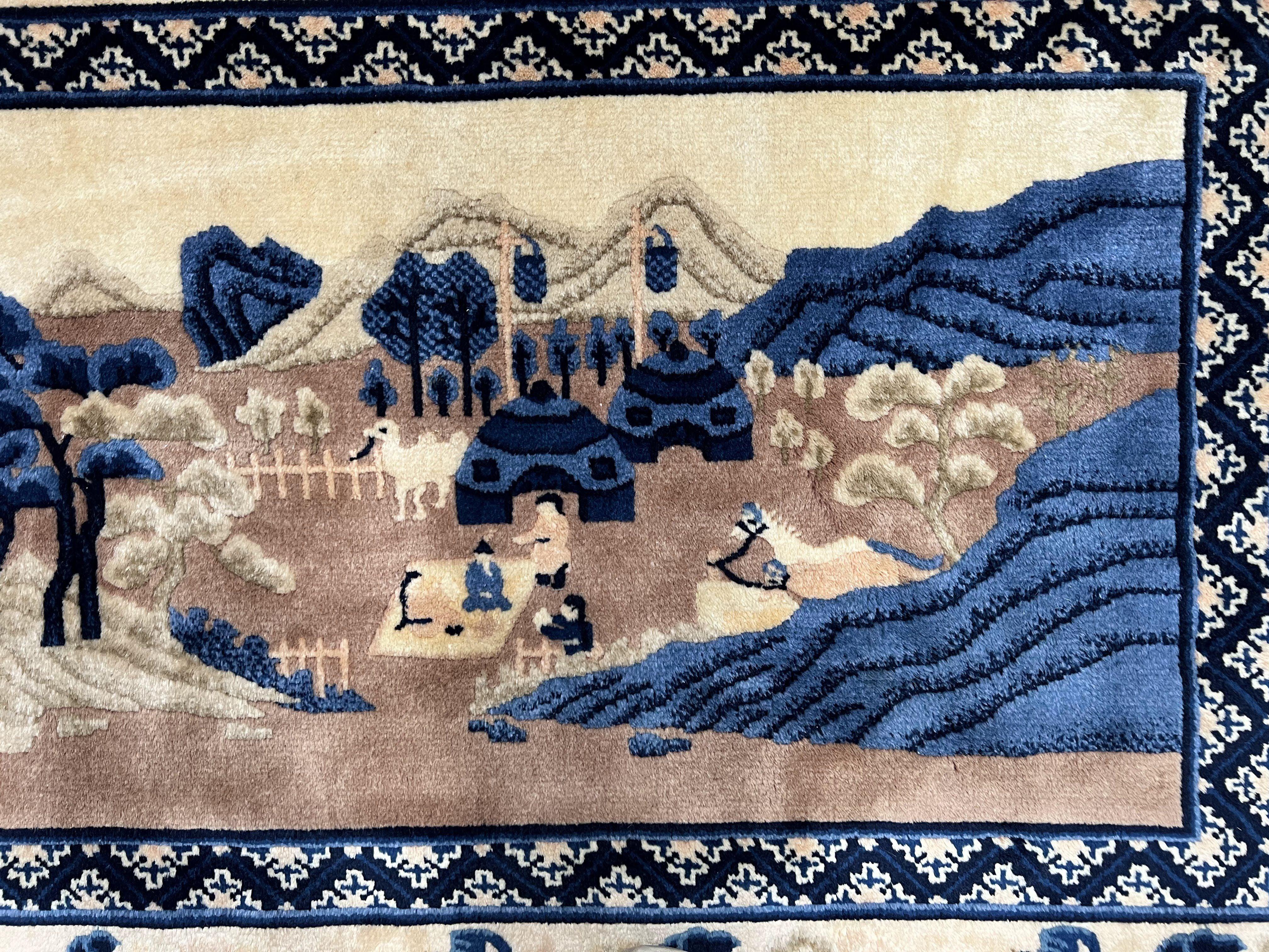 Antique Chinese Pictorial Rug 2.7 x 5, Chinese Village and Hills Carpet, Beige and Dark Blue, Handmade, Horizontal Rug Wall Hanging Tapestry