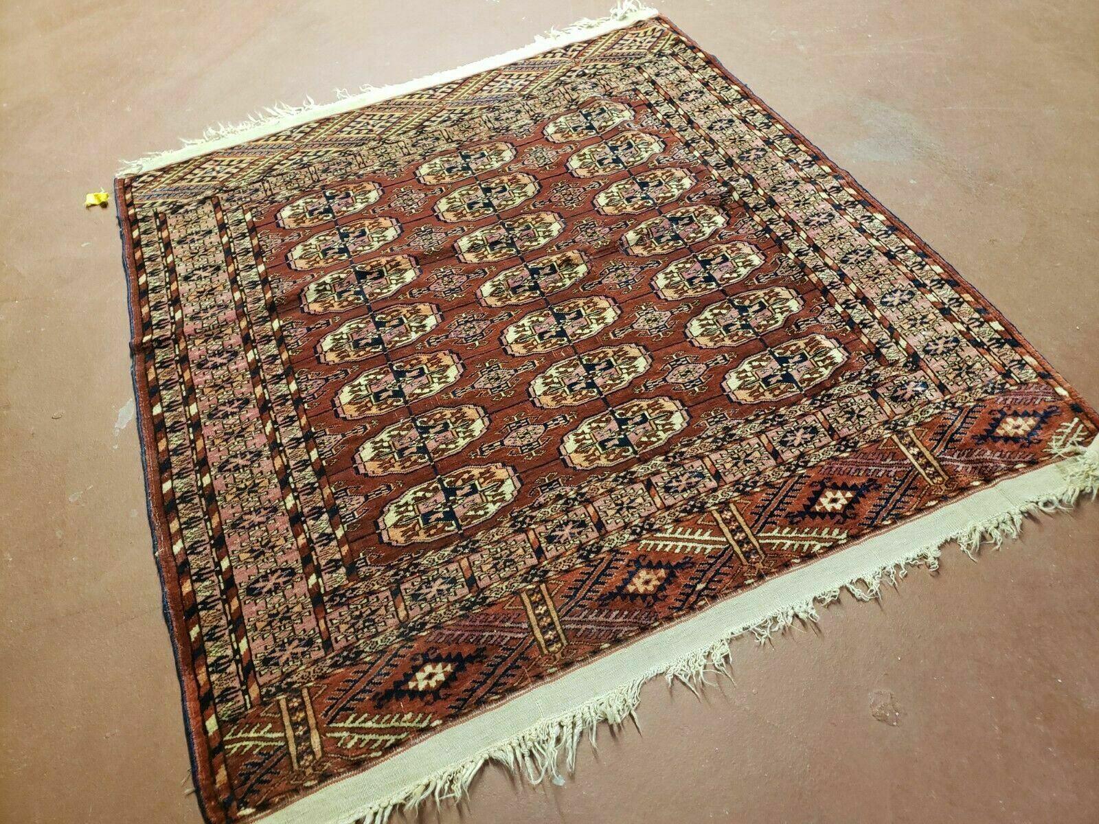 4' X 4' Antique Handmade Turkoman Bokhara Balouch Woven Wool Rug Brick Red Nice