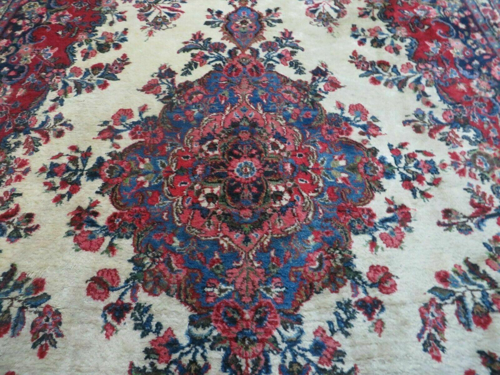 9x12 Persian Sarouk Rug - Semi Open Field Medallion Rug - Ivory Red Blue Hand Knotted Wool Oriental Carpet 9 x 12 Antique Rug - Vegetable Dyes