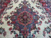 9x12 Persian Sarouk Rug - Semi Open Field Medallion Rug - Ivory Red Blue Hand Knotted Wool Oriental Carpet 9 x 12 Antique Rug - Vegetable Dyes