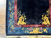 Antique Chinese Peking Rug 3x6, Dark Blue, Bird Motif, Handmade Wool Art Deco Asian Oriental Carpet, Pair B