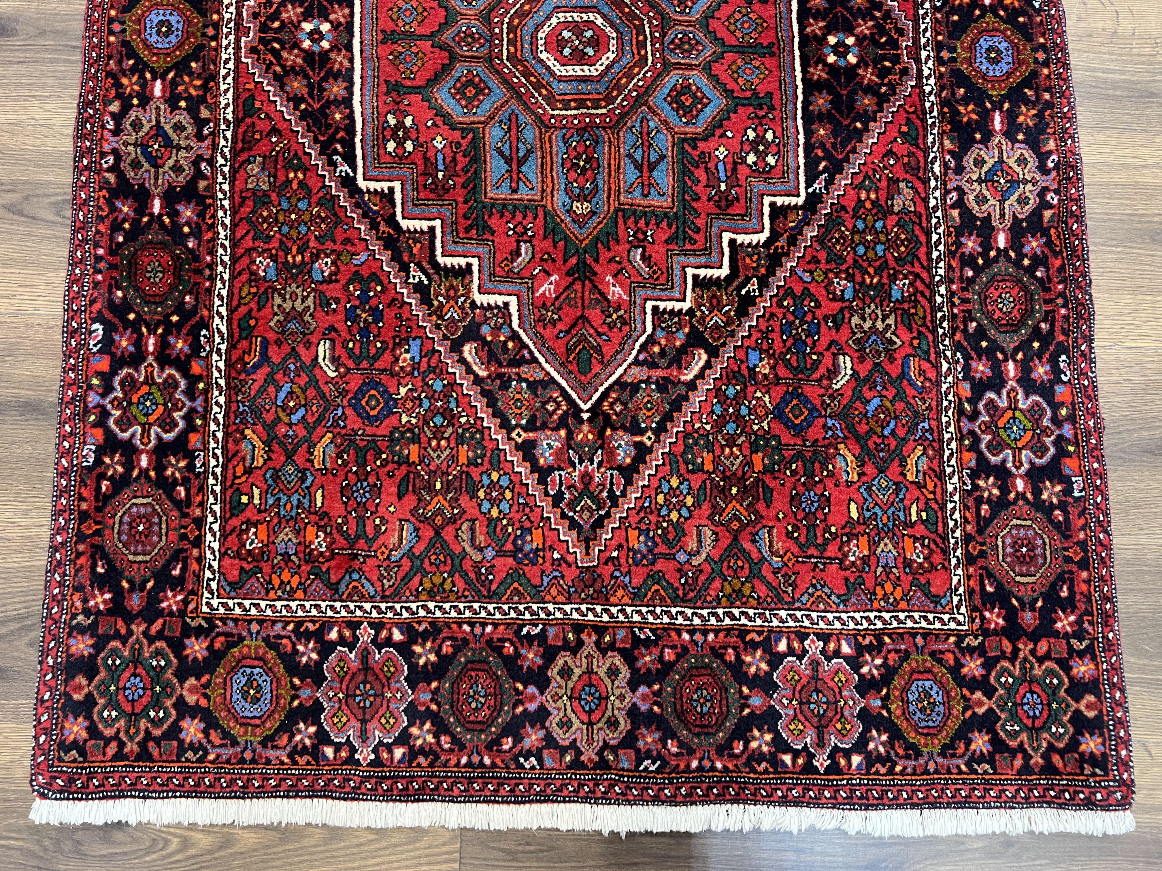 Fine Persian Bidjar Rug 3x5 ft, Ruby Red and Black, Geometric Medallion, Hand Knotted Semi Antique Oriental Bijar Carpet, Wool Area Rug, Tribal Rug