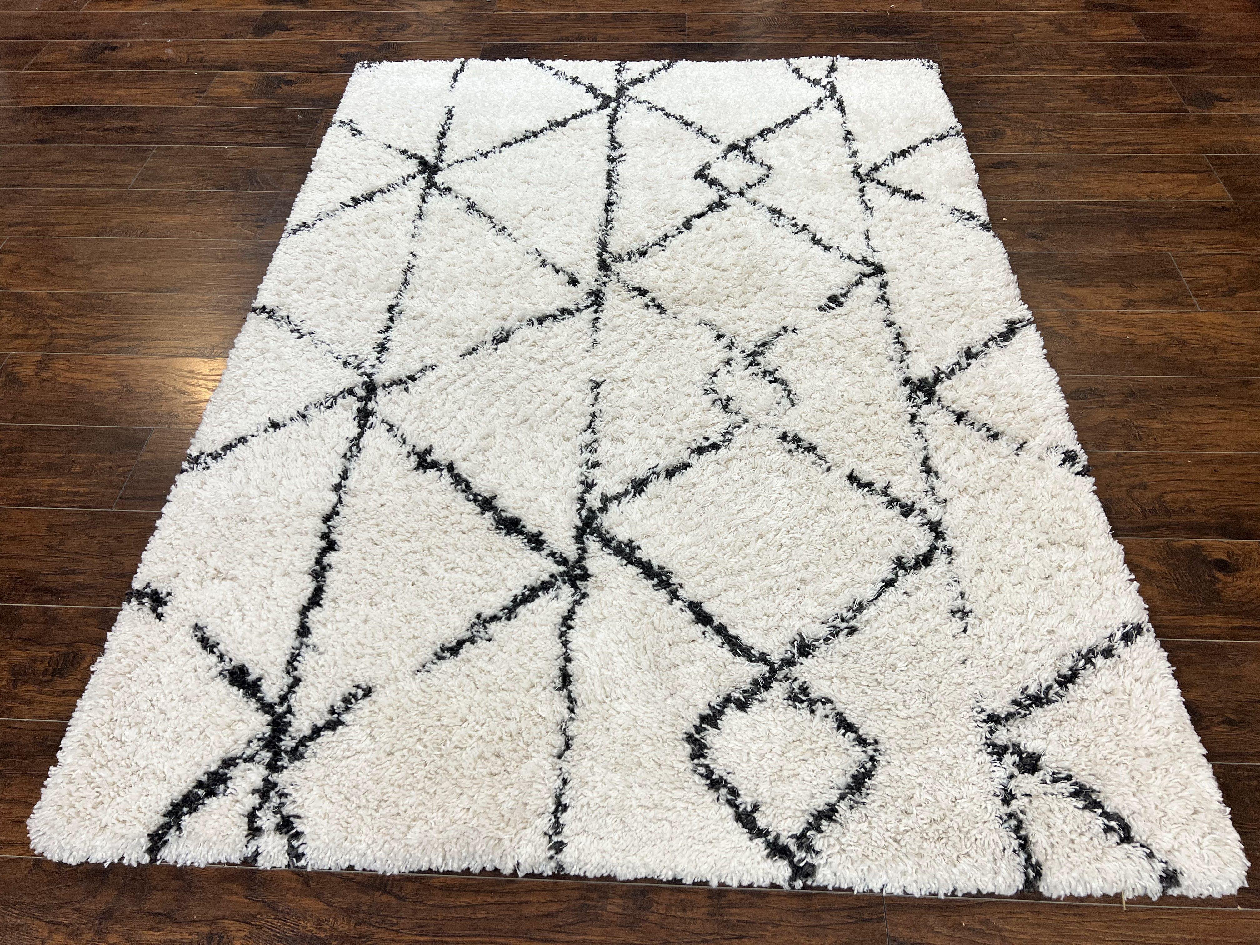 Modern Shag Rug 5x7, Ivory and Black Area Rug 5 x 7 ft