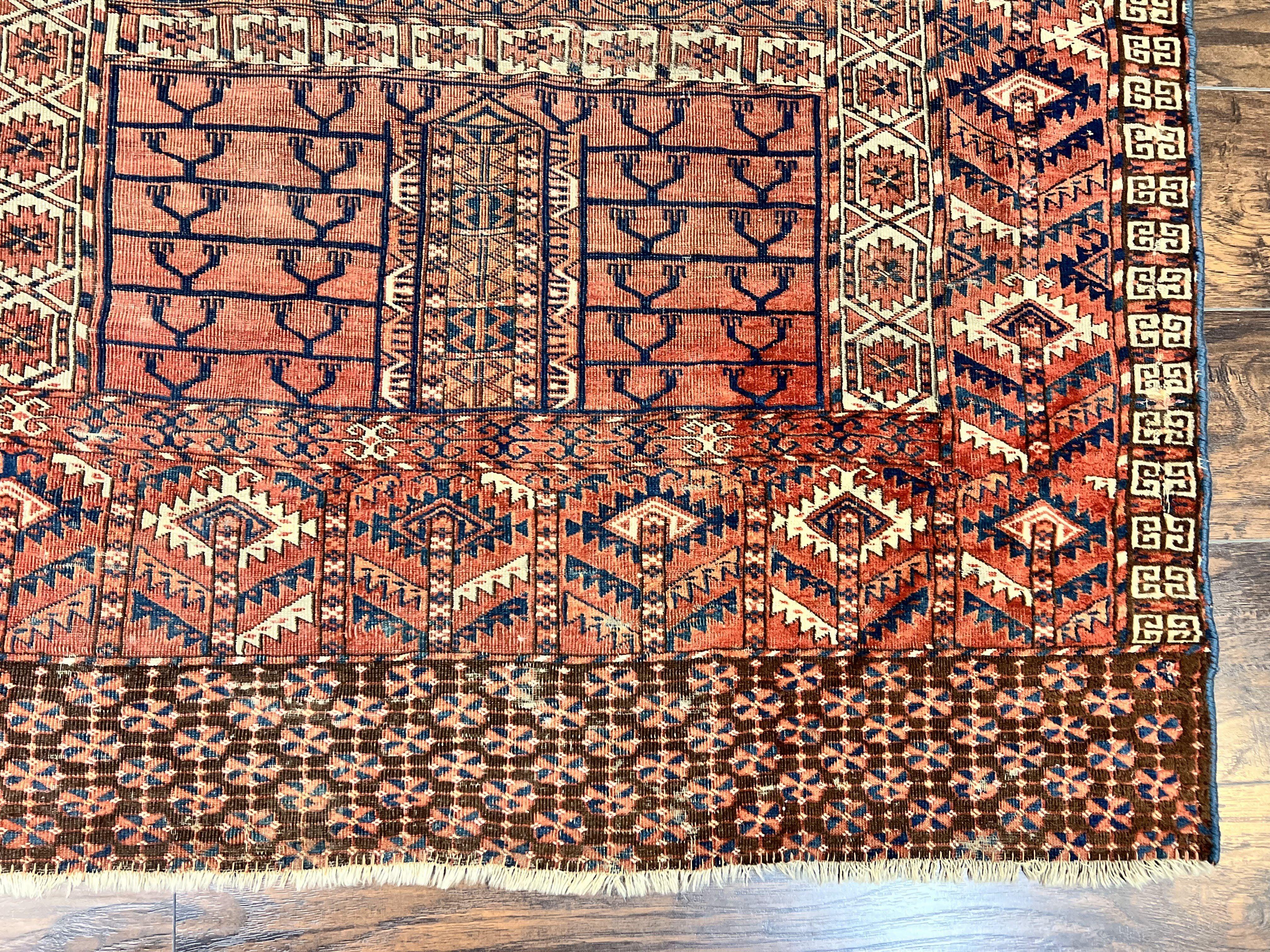 Antique Turkoman Rug 4x4, Hatchli Square Carpet, Wool Handmade Four Season Yamud Design Rug, Red Bohemian Tribal Rug, Engsi Tekkeh Rug