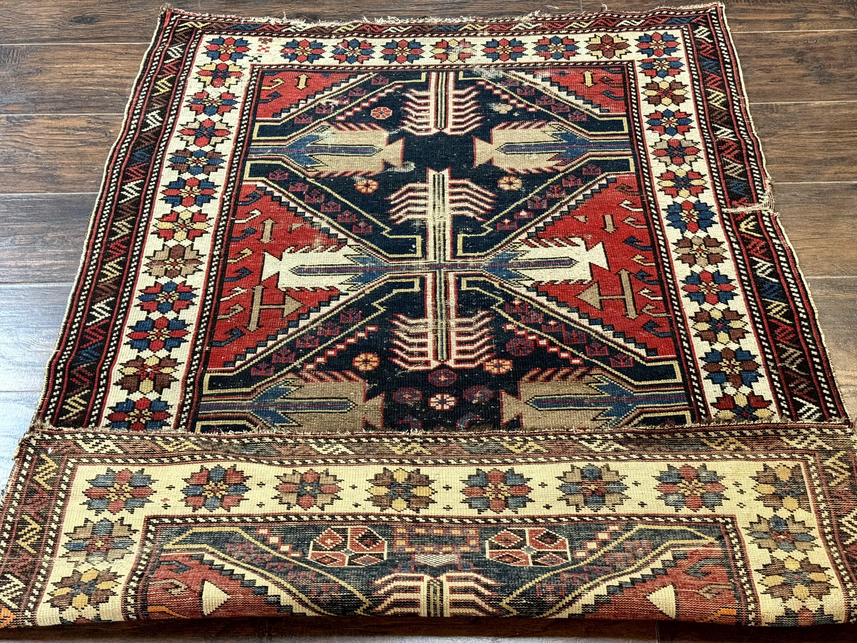 Antique Shirvan Caucasian Rug 3x5, Geometric Pattern, Red Navy Blue Beige