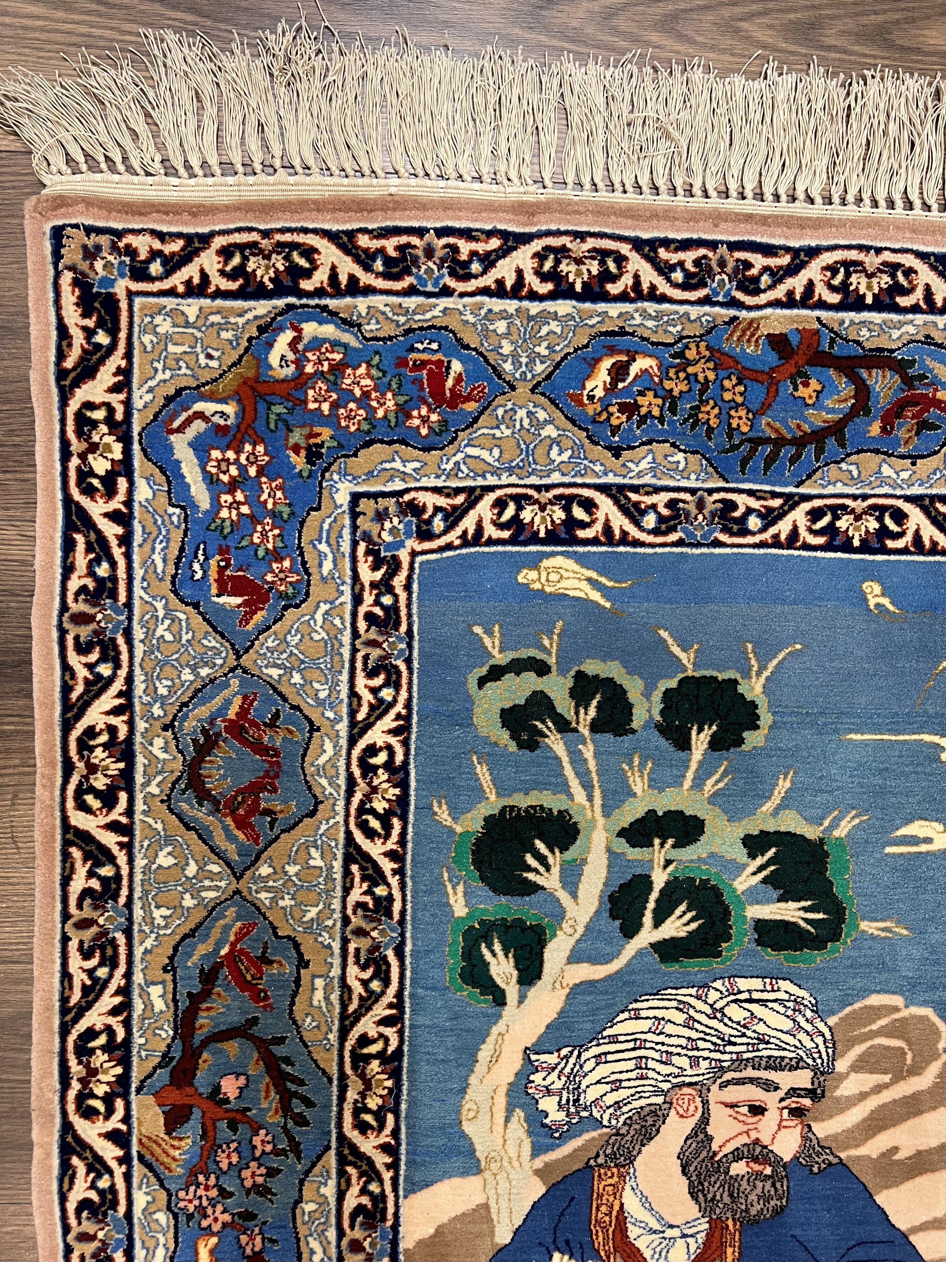 Fine Persian Isfahan Pictorial Rug 3.7 x 5, Kork Wool on Silk Foundation, Blue Persian Carpet, Hand Knotted, Humans Birds, High KPSI, Semi Antique