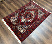 Fine Persian Bidjar Rug 3x5, Geometric Medallion Oriental Bijar Carpet 3 x 5 ft, Ruby Red and Cream, Hand Knotted Wool Rug, Semi Antique Tribal Rug, Nice