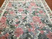 5x8 Needlepoint Rug 5' 4" x 8' 3" Wool Flat Weave Floral New Unused Carpet English Design Ivory Large Pink Flowers Green Leaves Hand-Knotted