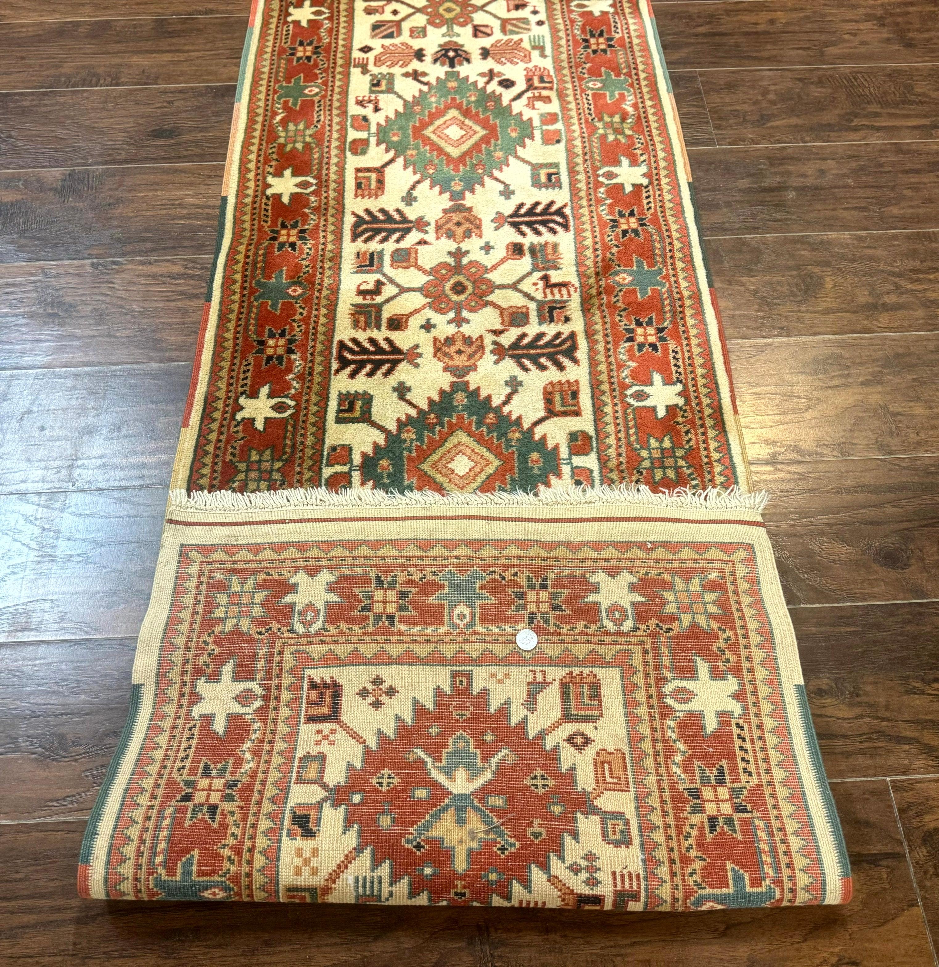Turkish Runner Rug 2.4 x 8, Kazak Geometric Heriz Pattern, Beige Red