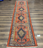 Rare Persian Tribal Runner Rug 3 x 11, Sarab Serab Persian Runner, Antique 1920s Collectible Geometric Medallions Oriental Wool Runner, Hand Knotted, Bright Orange-Red