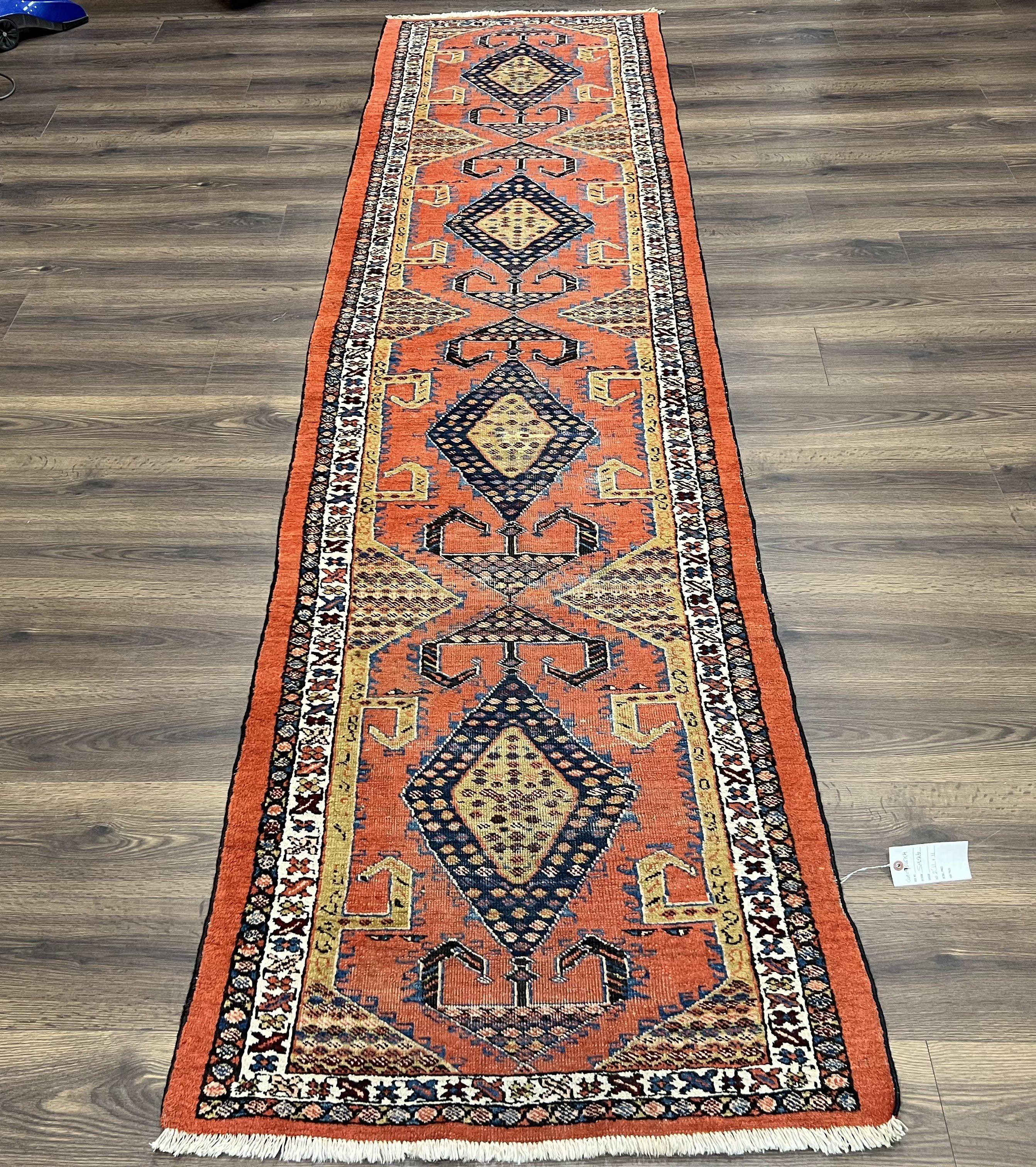 Rare Persian Tribal Runner Rug 3 x 11, Sarab Serab Persian Runner, Antique 1920s Collectible Geometric Medallions Oriental Wool Runner, Hand Knotted, Bright Orange-Red
