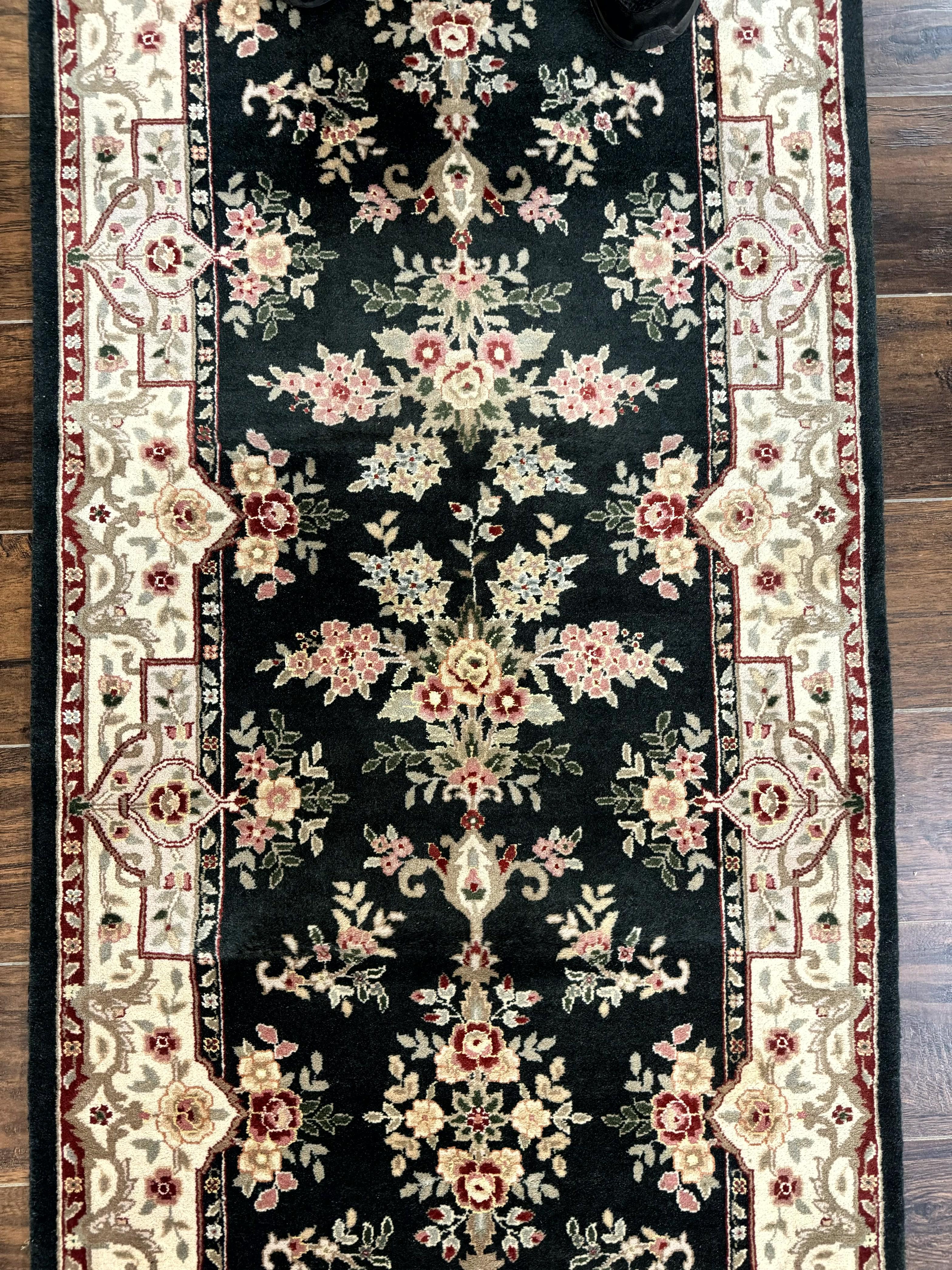 Long Pak Persian Runner Rug 2.7 x 21, Floral Allover, Dark Green and Beige, Handmade Wool Runner Rug, 21ft Runner for Hallway