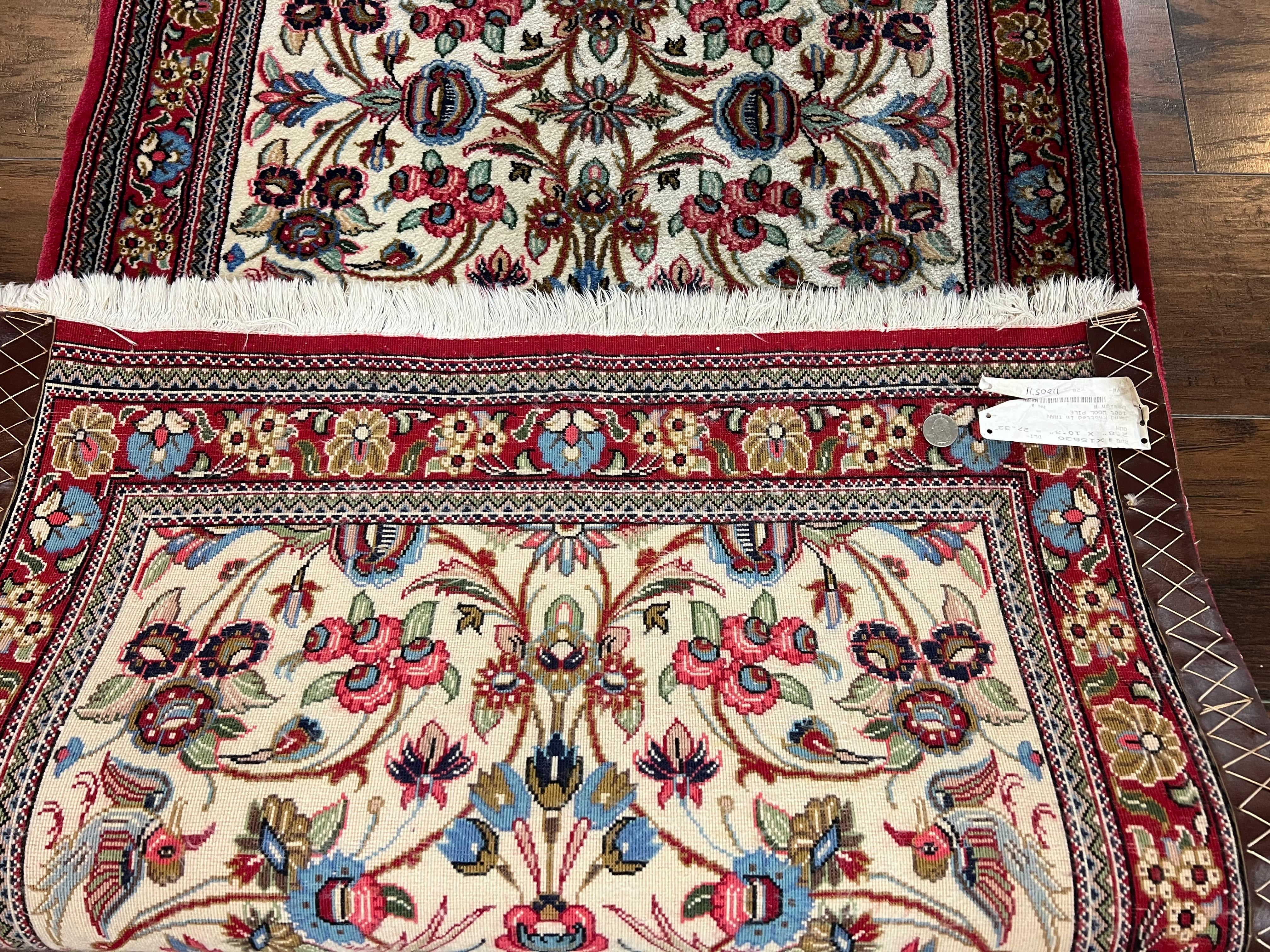 Wonderful Persian Qum Runner Rug 2.8 x 10 ft, Floral Medallions with Bird Motifs, Hand Knotted Wool Fine Oriental 10ft Hallway Runner, Cream Red