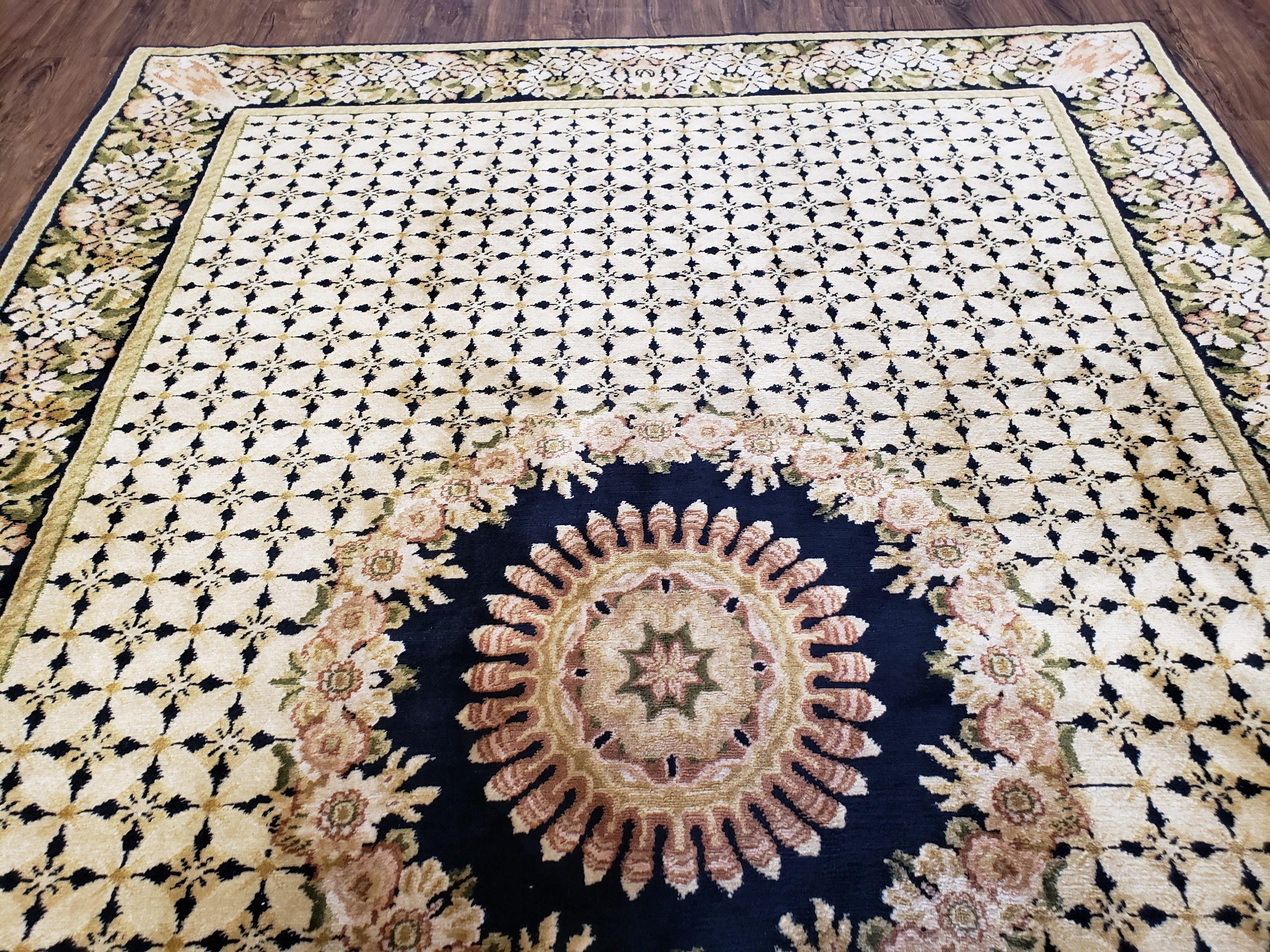 Indian Rug with Tibetan Weave, 6x8 - 6x9 Rugs, Indo-Tibetan Rug, Black and Cream Beige Tan, Floral Border, Soft Rug, Handmade Area Rug, Wool