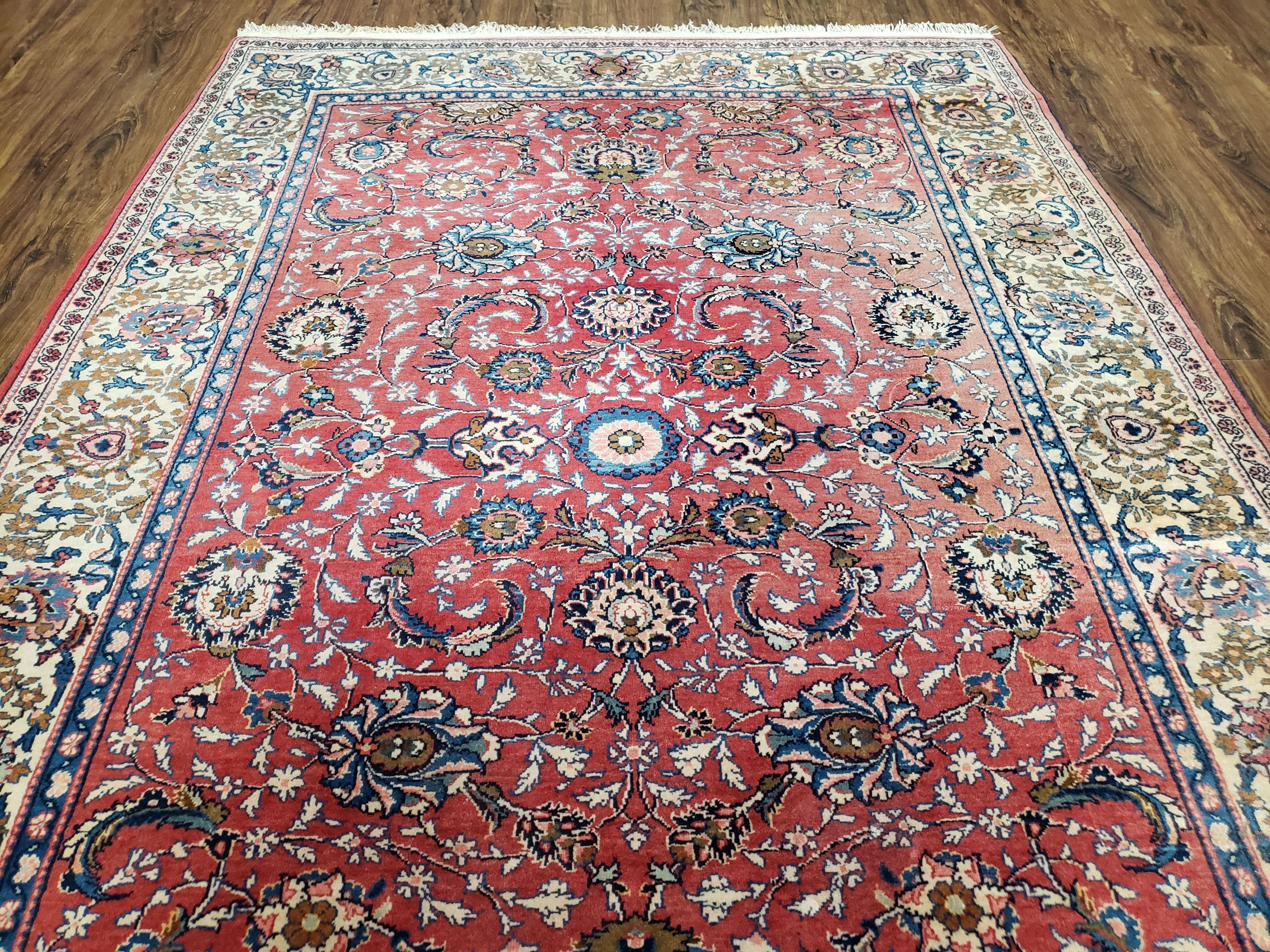 Semi Antique Persian Kashan Rug, Red & Beige, Hand-Knotted, Wool, 4'7" x 6' 6", Pair B
