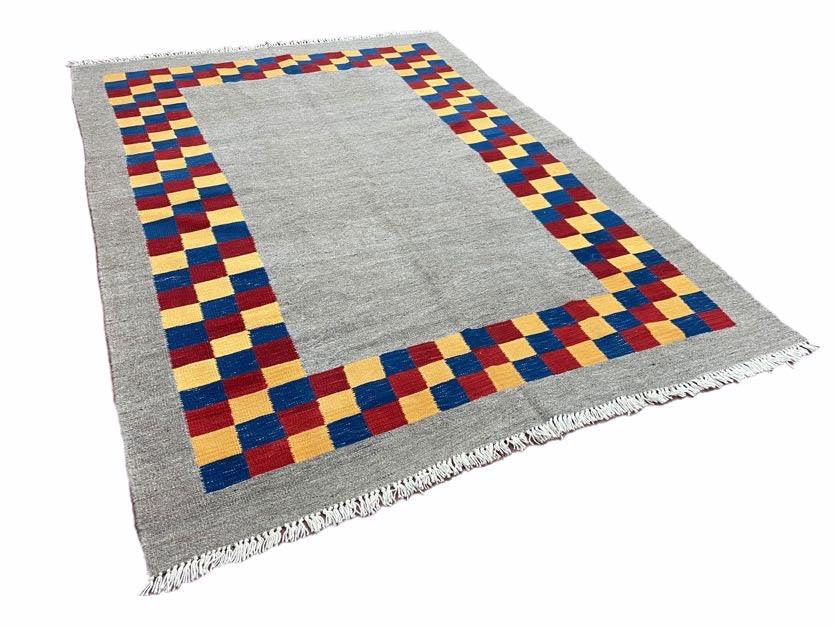 Gray Kilim Carpet, Yellow, Red, Blue Checkerboard Pattern, Flatweave, New, Geometric, Hand-Knotted, Wool, Turkish Area Rug, 5' 9" x 7' 9"