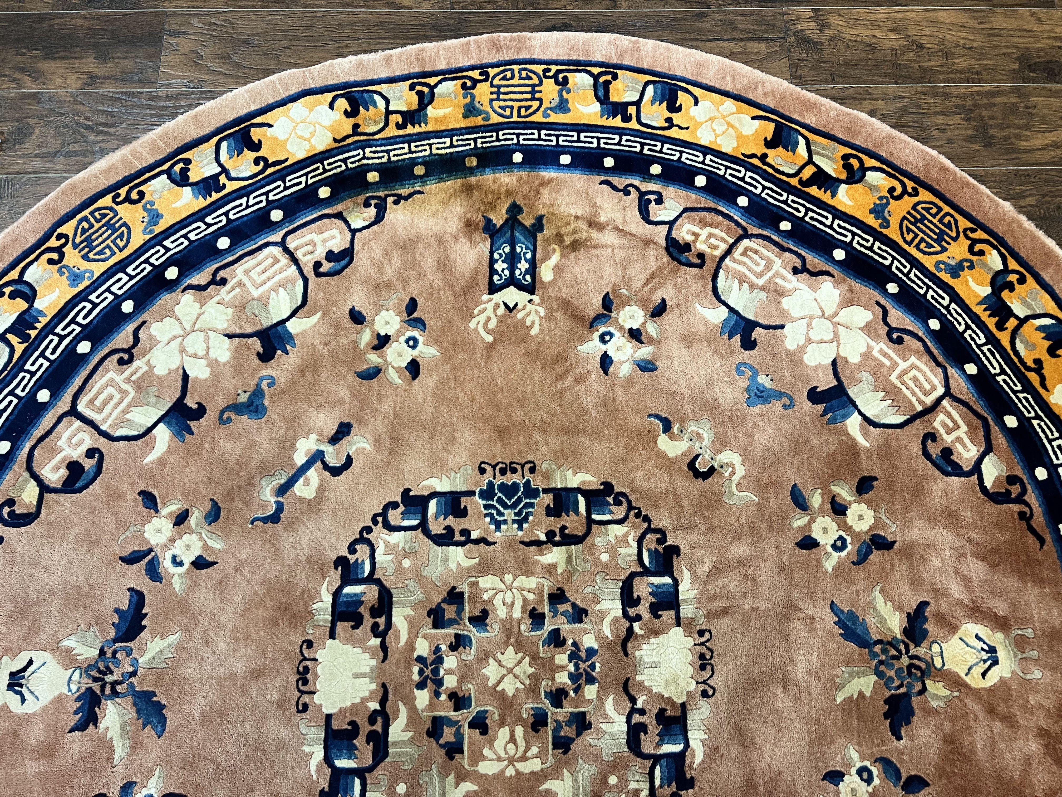 Antique Round Chinese Wool Rug 8x8, Chinese Peking Carpet, Asian Oriental Carpet 8 x 8 ft, Chinese Art Deco Rug, Nichols Rug