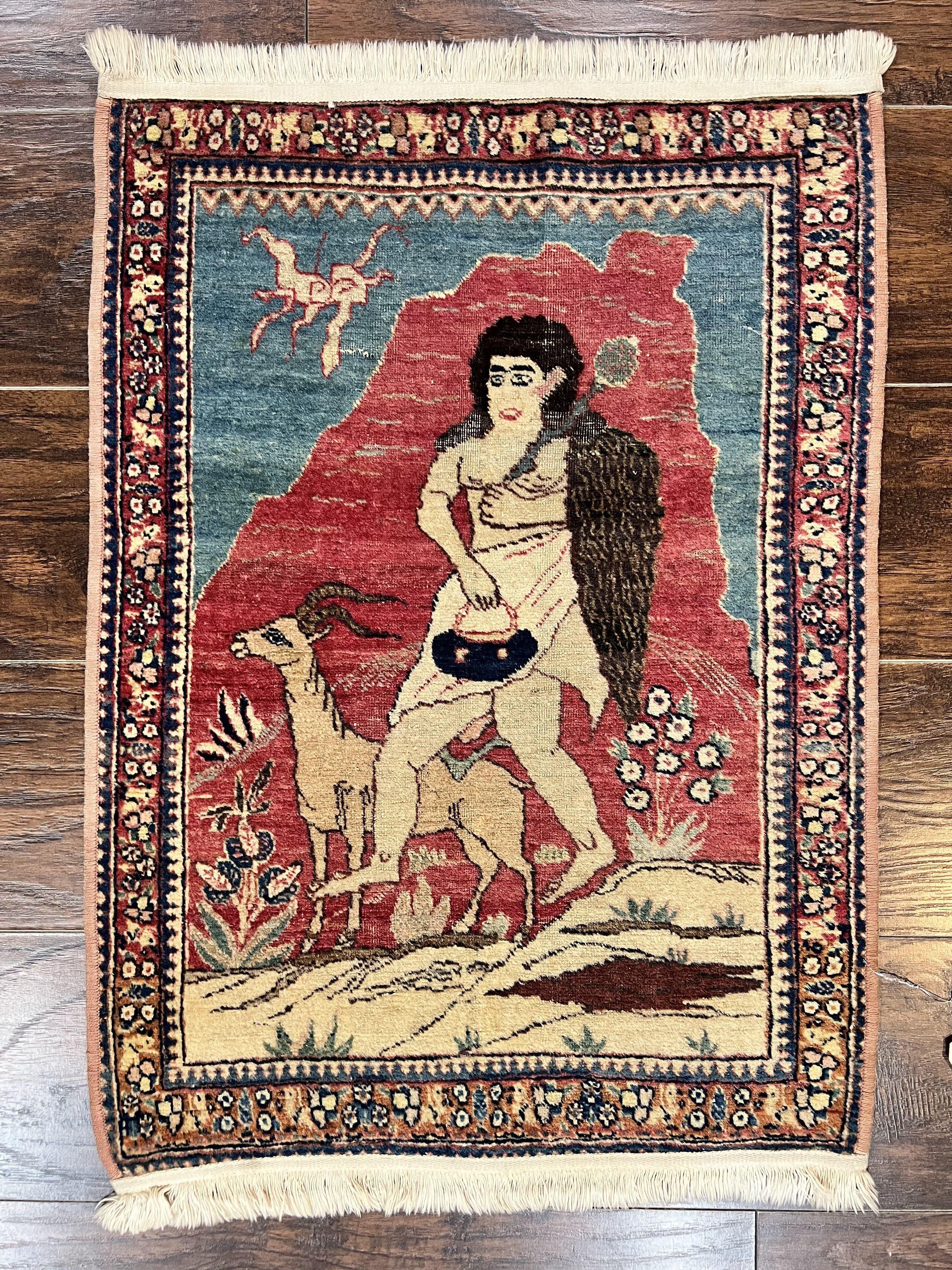 Antique Persian Kirman Rug 2 x 2.5, Small Hand Knotted Wool Carpet, Lavar Rug, Shepherd with Ram Pictorial Rug #1