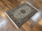 Persian Qum Rug 3x5, Wool with Silk Highlights, Handmade Semi Antique Carpet, Ivory & Navy Blue, Floral Medallion, Finely Hand Knotted