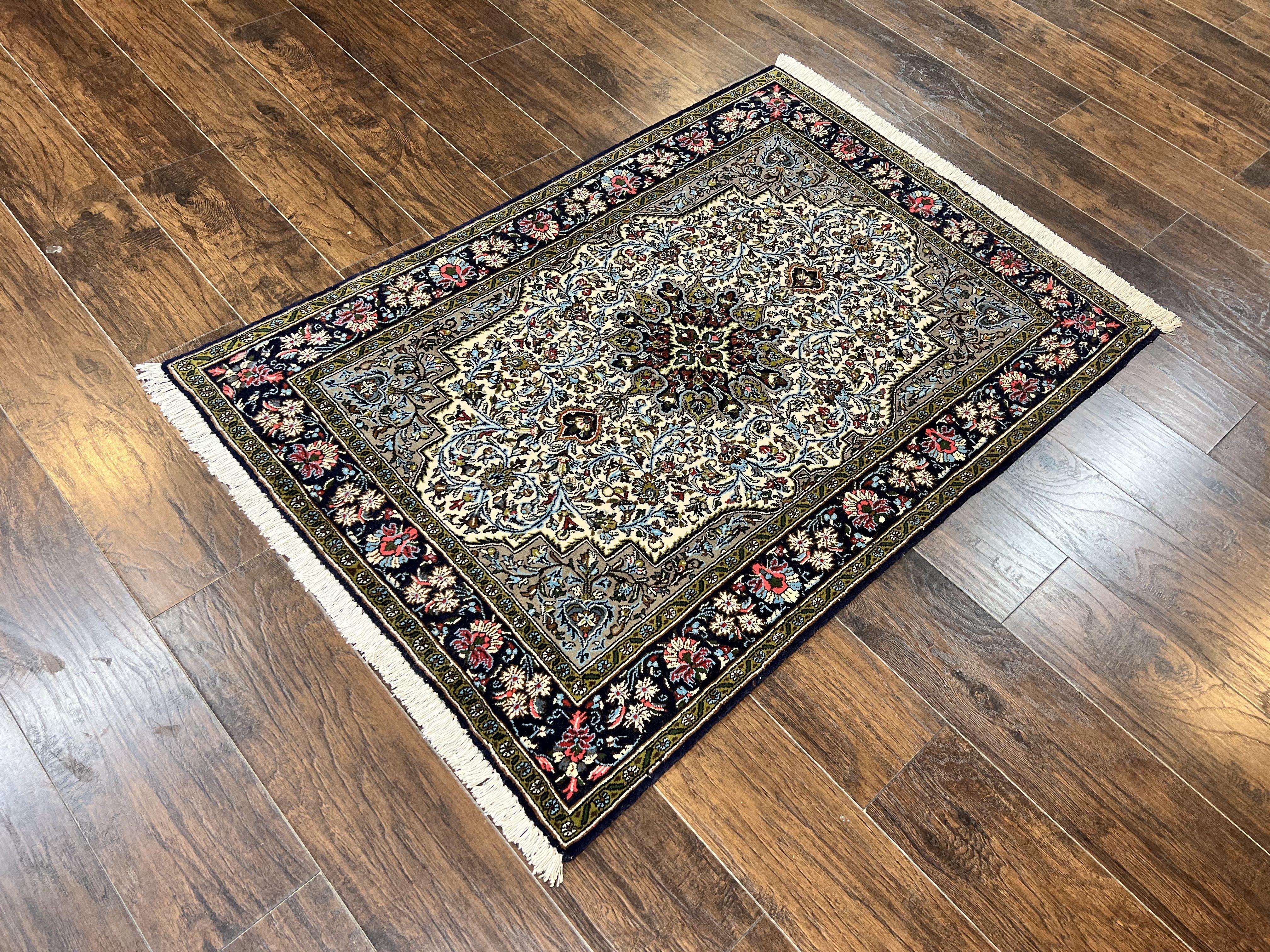 Persian Qum Rug 3x5, Wool with Silk Highlights, Handmade Semi Antique Carpet, Ivory & Navy Blue, Floral Medallion, Finely Hand Knotted