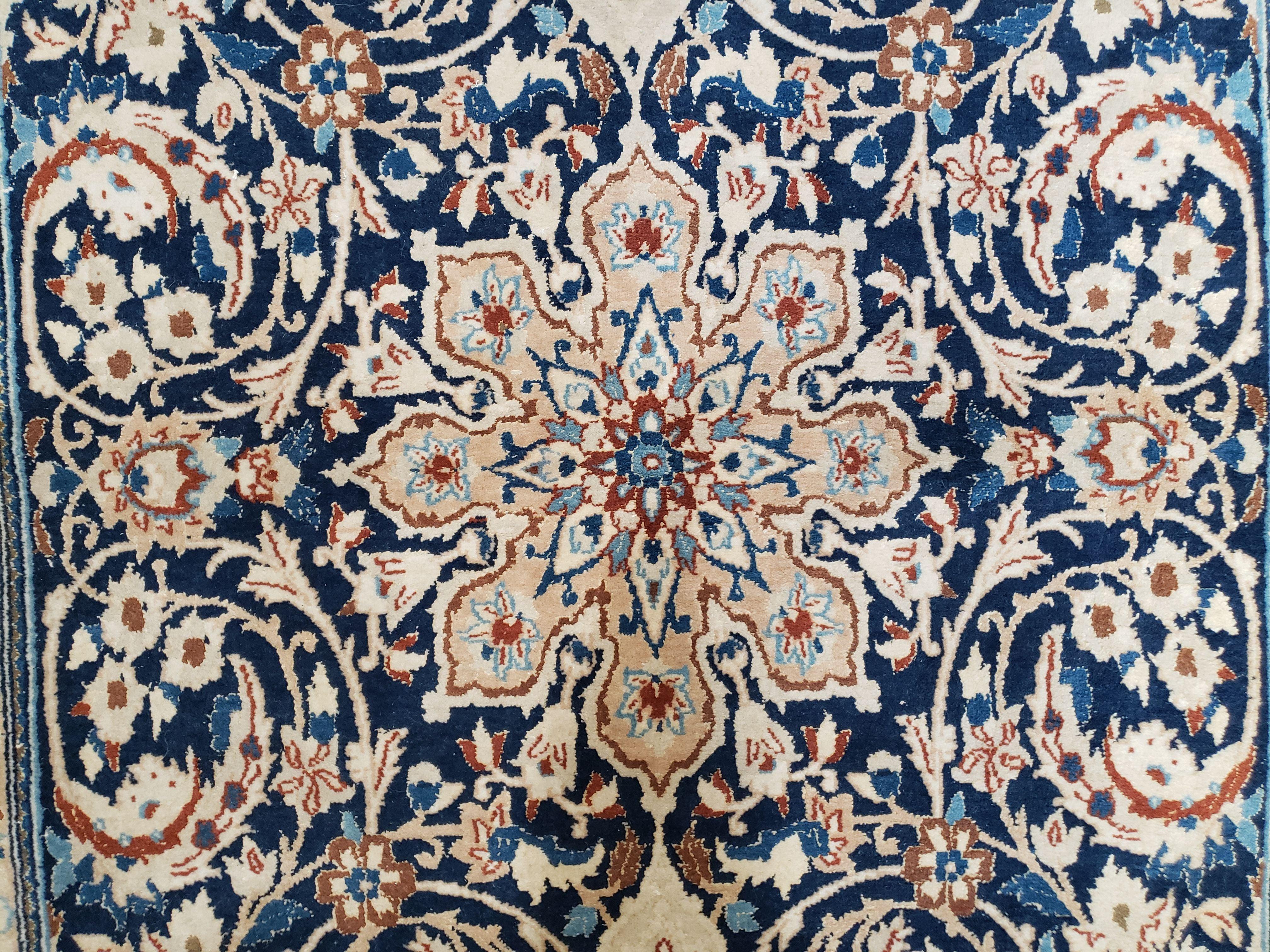 Semi Antique Fine Persian Nain Rug, Ivory & Blue, Wool with Silk Accents, 3'9" x 6'2"