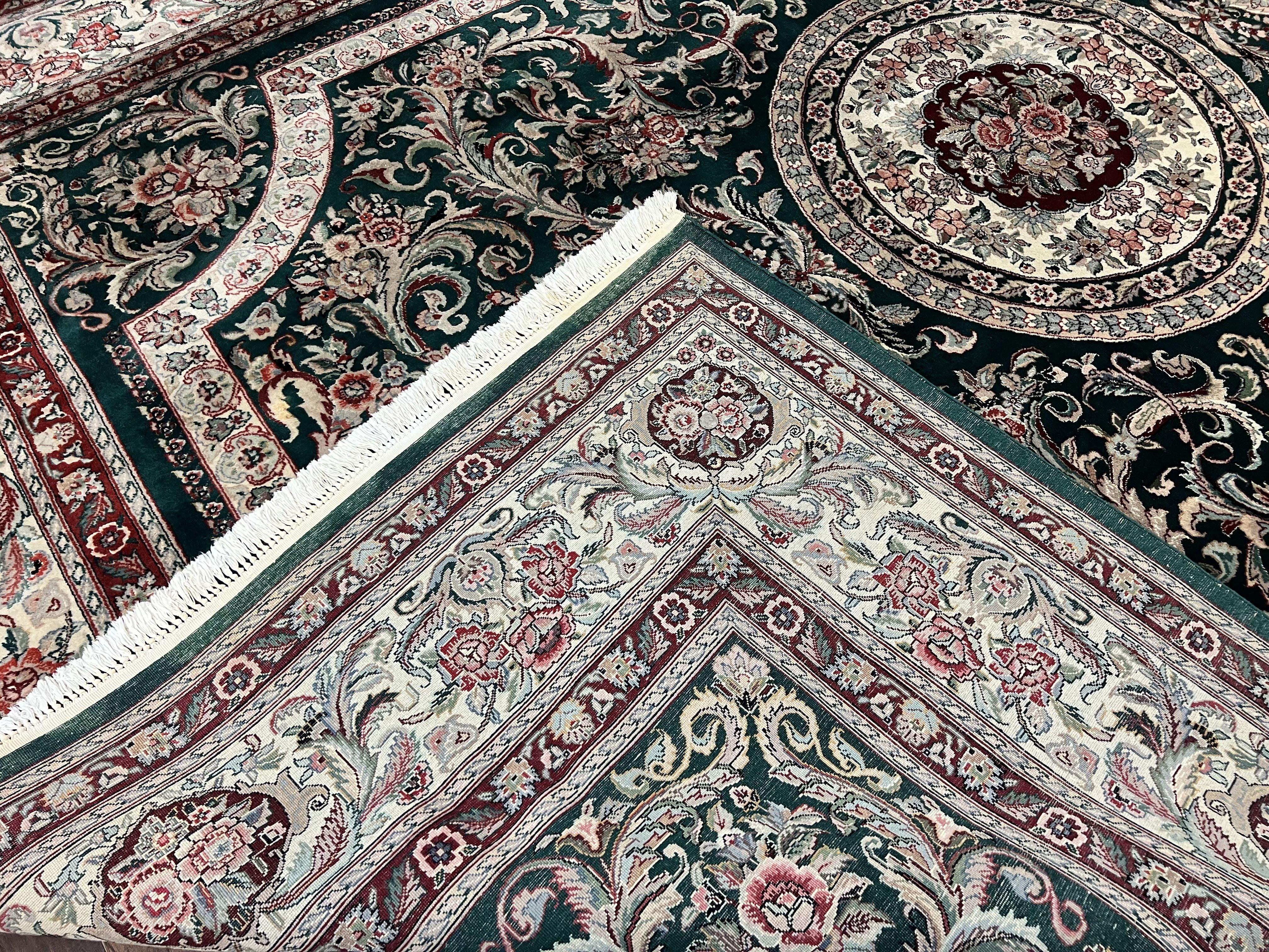Pak Persian Rug 9x12, Dark Green and Cream, Floral Medallion, Elegant Handmade Wool Carpet 9 x 12