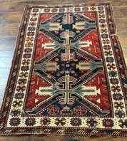 Antique Shirvan Caucasian Rug 3x5, Geometric Pattern, Red Navy Blue Beige