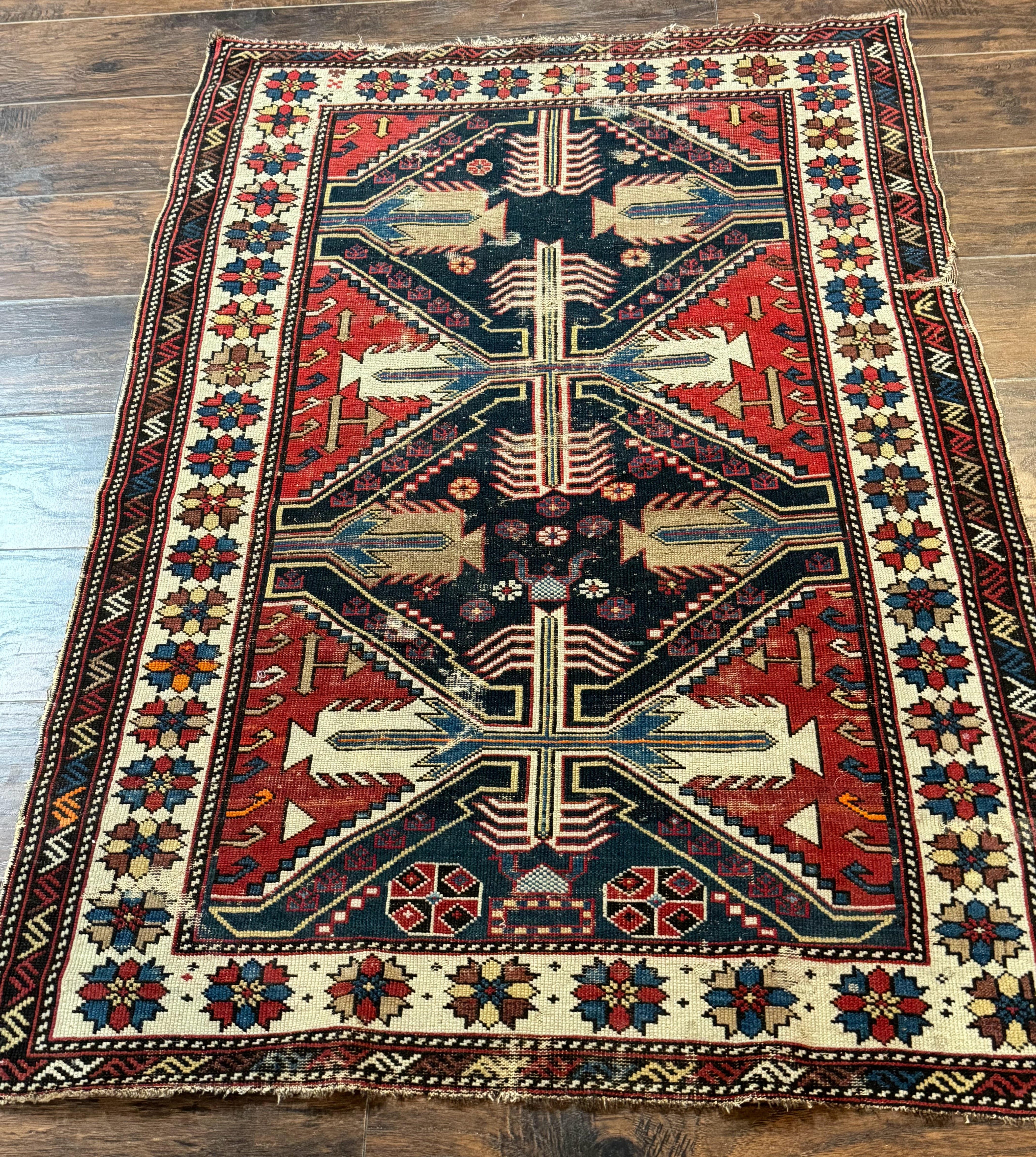 Antique Shirvan Caucasian Rug 3x5, Geometric Pattern, Red Navy Blue Beige