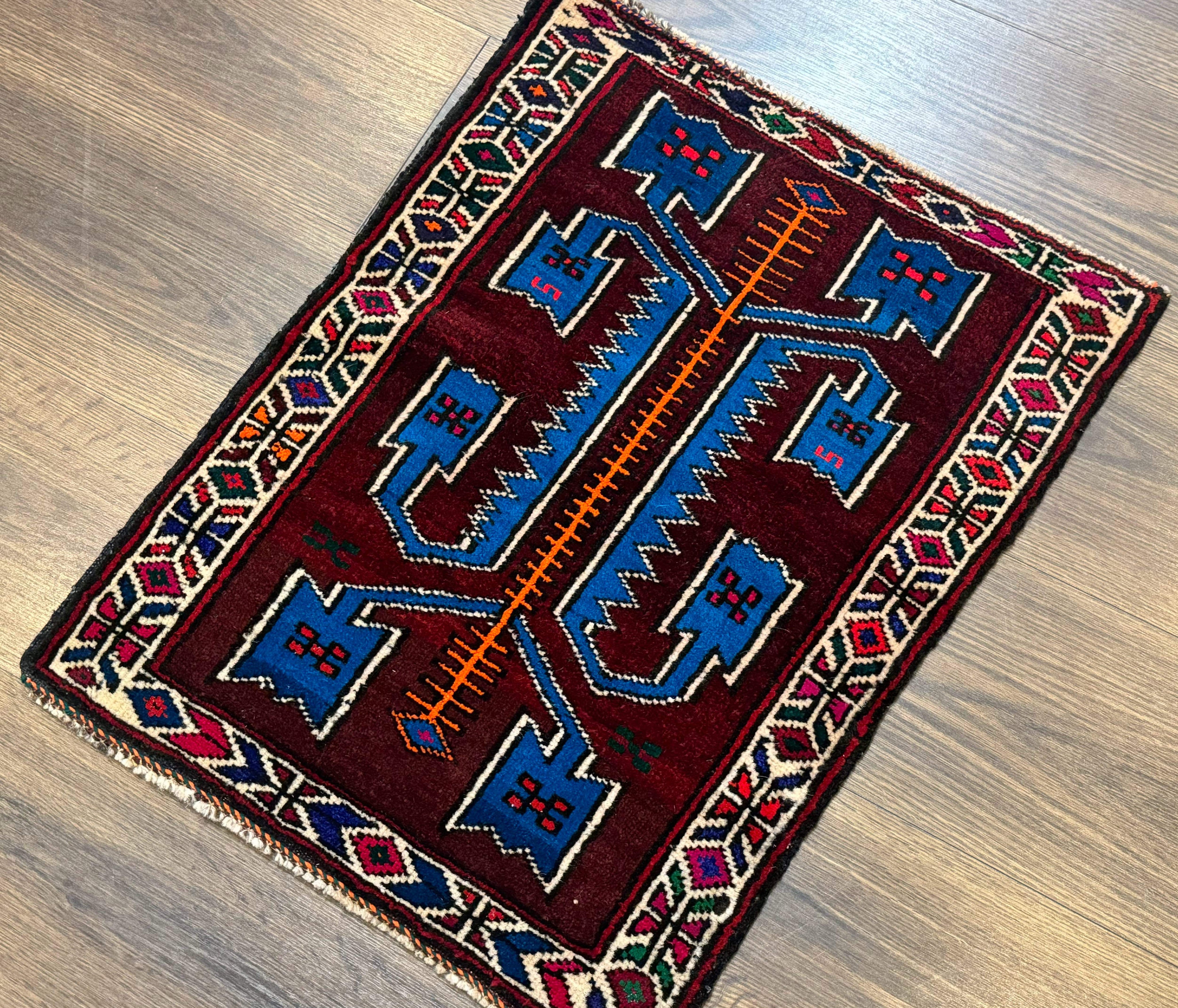Persian Tribal Rug 1.8 x 2, Small Balouchi Rug, Unique Design, Burgundy and Blue