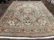 Antique Persian Tabriz Rug 10x12, Wool Hand Knotted Oriental Carpet, Beige Light Red, Floral Medallion
