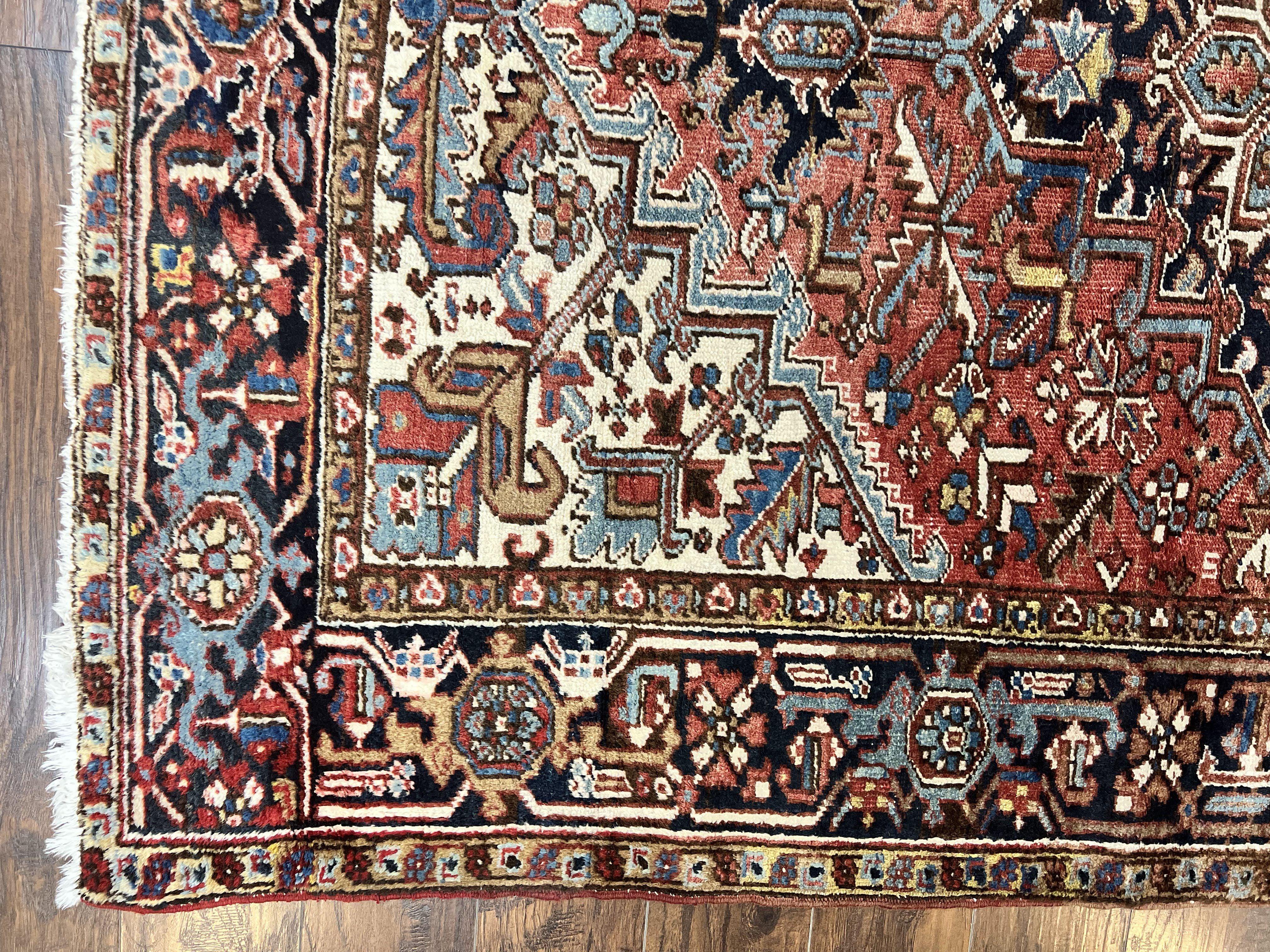 Antique Persian Heriz Rug 6x8, Geometric Medallion, 1920s Oriental Carpet, Handmade Wool Rug