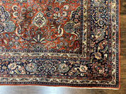 Persian Sarouk Rug 9x12, Red and Dark Blue Floral Allover Antique Persian Carpet, Handmade Wool Qazvin Rug