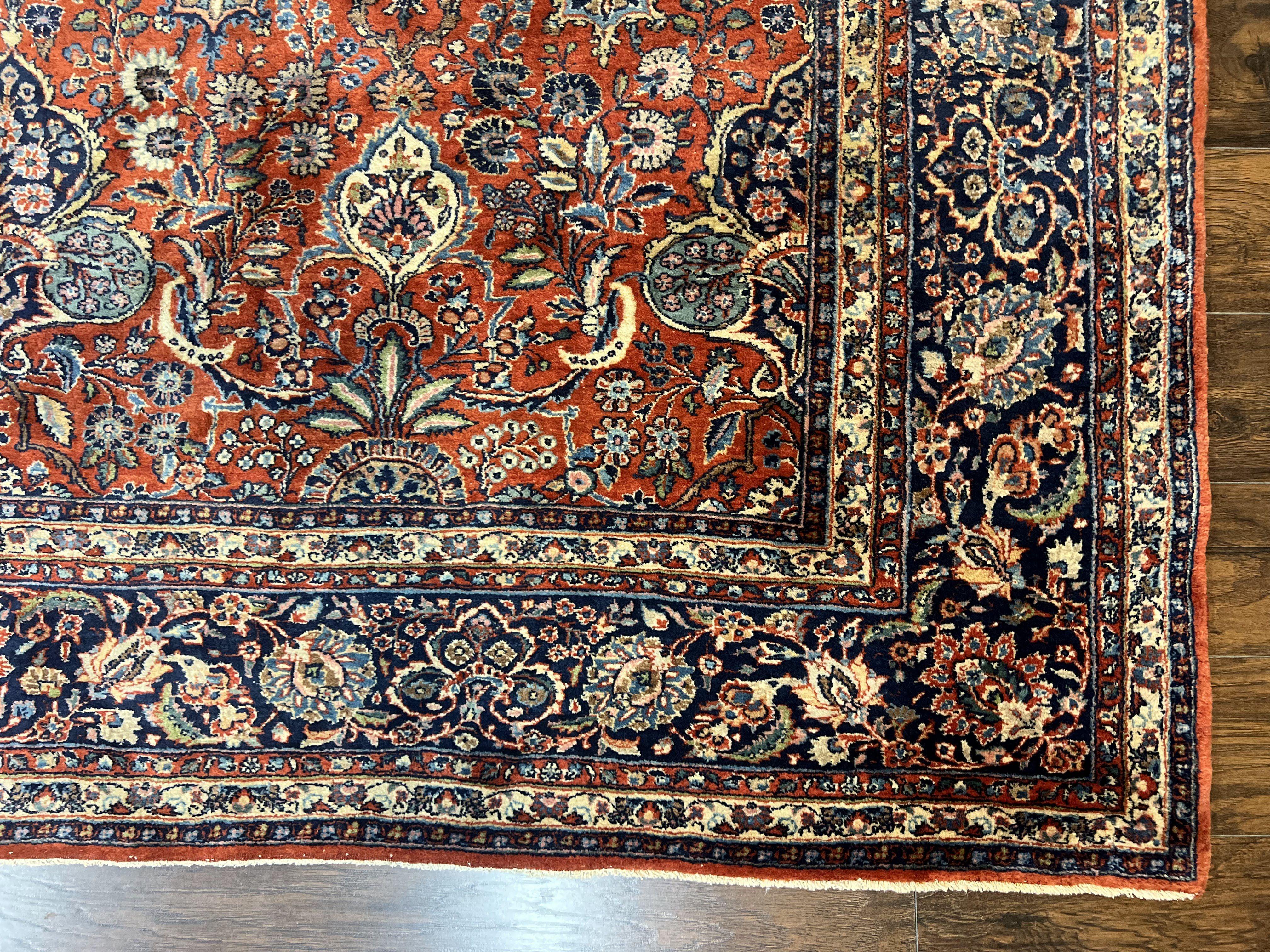 Persian Sarouk Rug 9x12, Red and Dark Blue Floral Allover Antique Persian Carpet, Handmade Wool Qazvin Rug