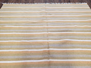 New Indian Kilim Area Rug, 6x8 - 7x8 South American Style Blanket, Striped Indian Wool Hand-Woven Flat Weave 6x9 Bedroom Rug, Ivory Ochre