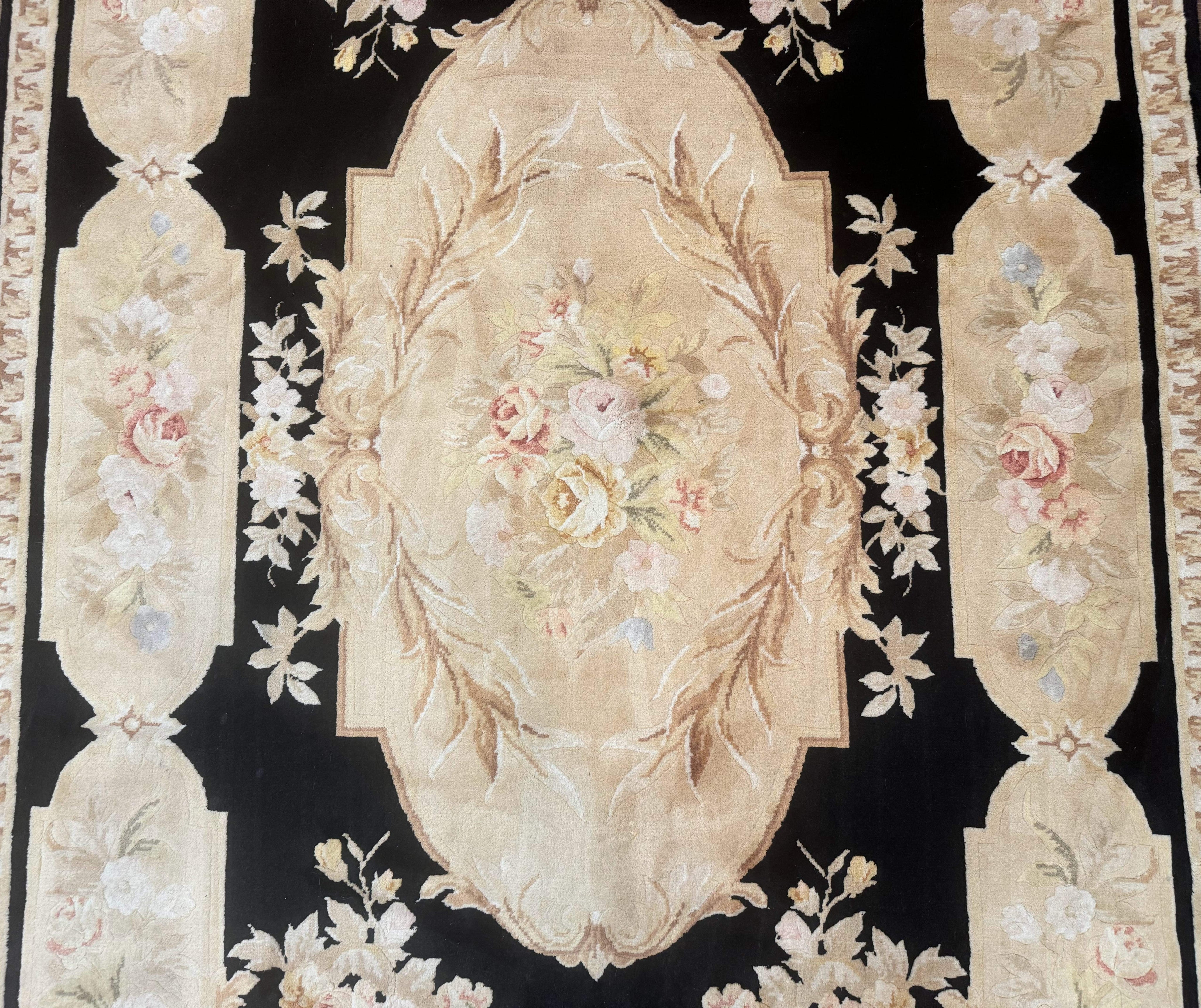 Chinese Aubusson Rug 6x9, Wool Pile, Black, Floral, Elegant